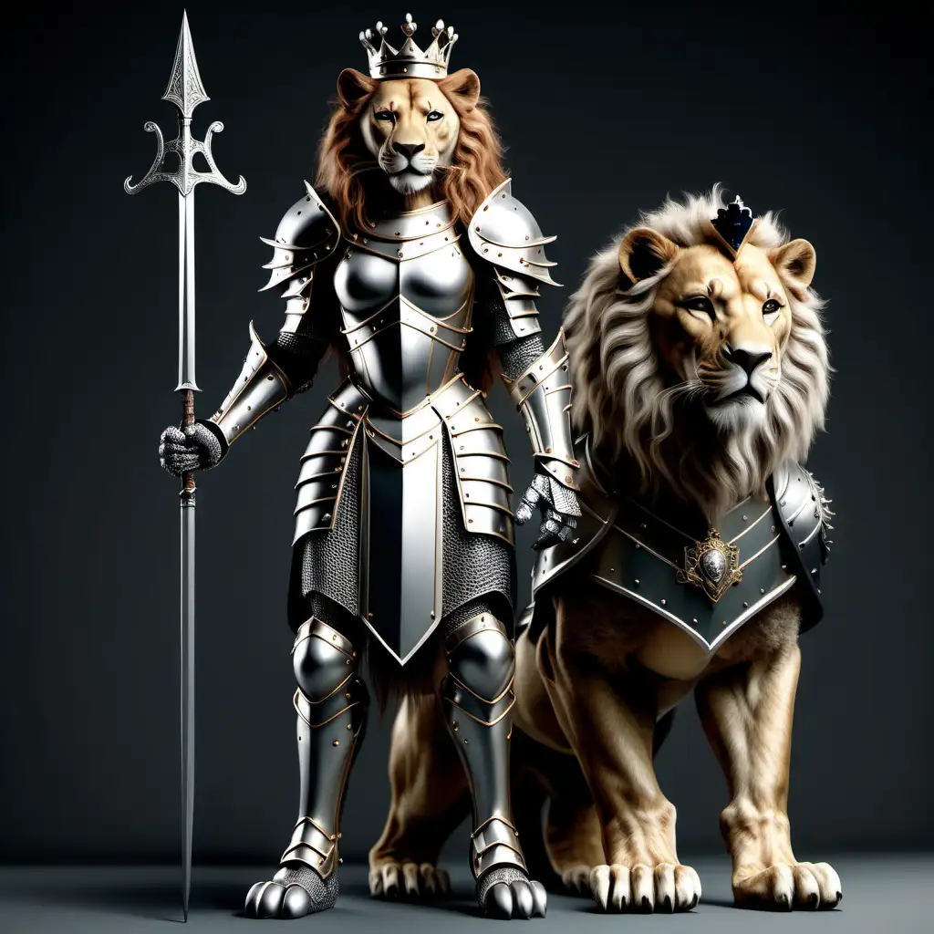  реалистичная  львица женского пола рыцарь с короной в броне  с звериными лапами и звериным телом  в полный рост 