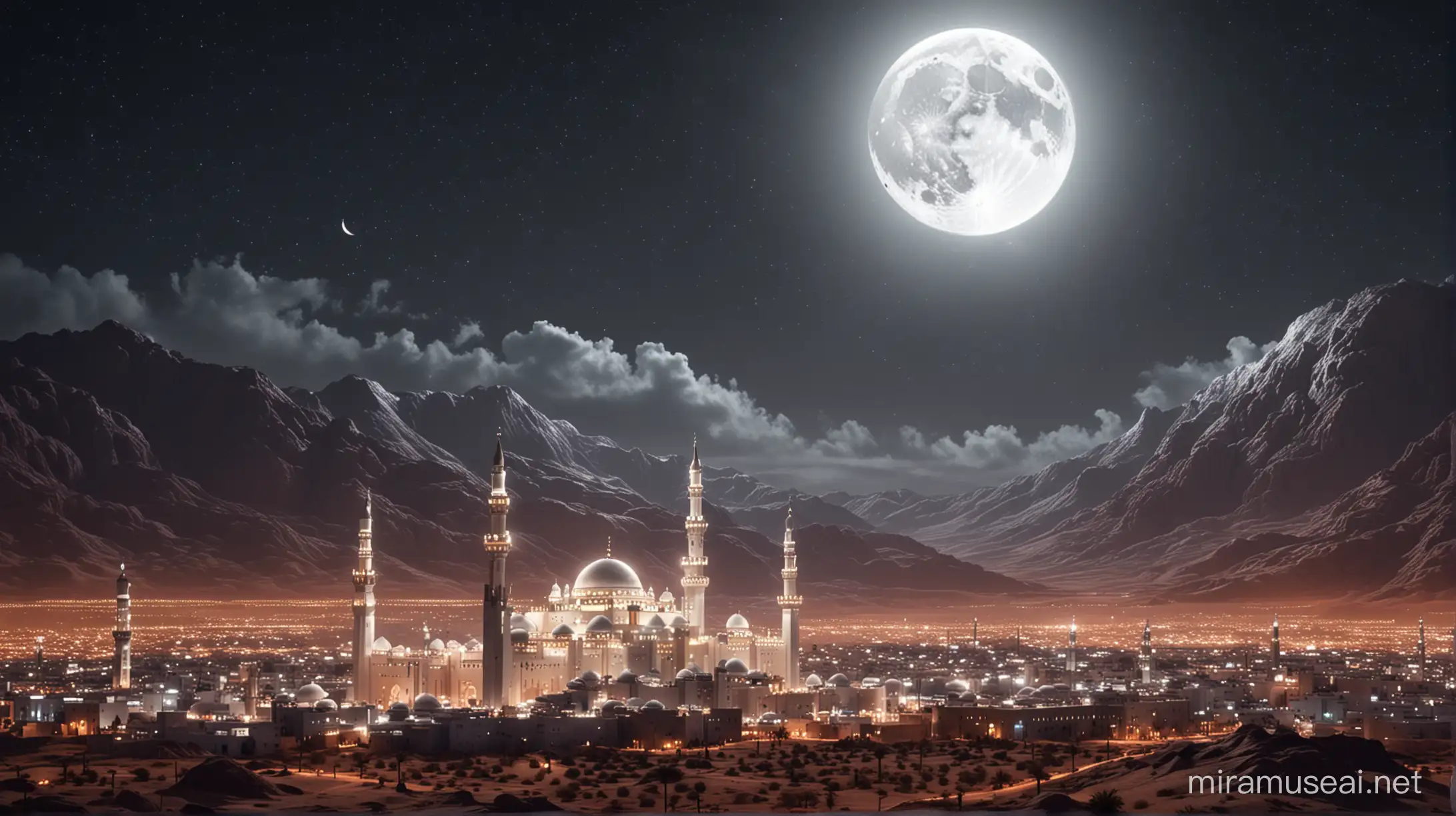 A Realistic landscape image of  the Muslims in Madinah mosque, white neon and huge neon lights of moon inside the mosque, its color shadow on the arab old houses in the desert, Madinah in the year 632 A.D. ,  Summer time, ultra-high quality, detailed, 8K, vector illustration. Sad Atmospheric and cinematic. A dark white smoke rose from the Mosque and spread in the air. A moon
in sky shining its reflections in the Realistic desert mountains.
All overall dark white image theme.
Very big lights and lots of white neon lights.
The neon lights in the image should be very bright in the dark throughout the image.
Very large and bright neon lamps in the structure.
Shades of white throughout the image.
3D.