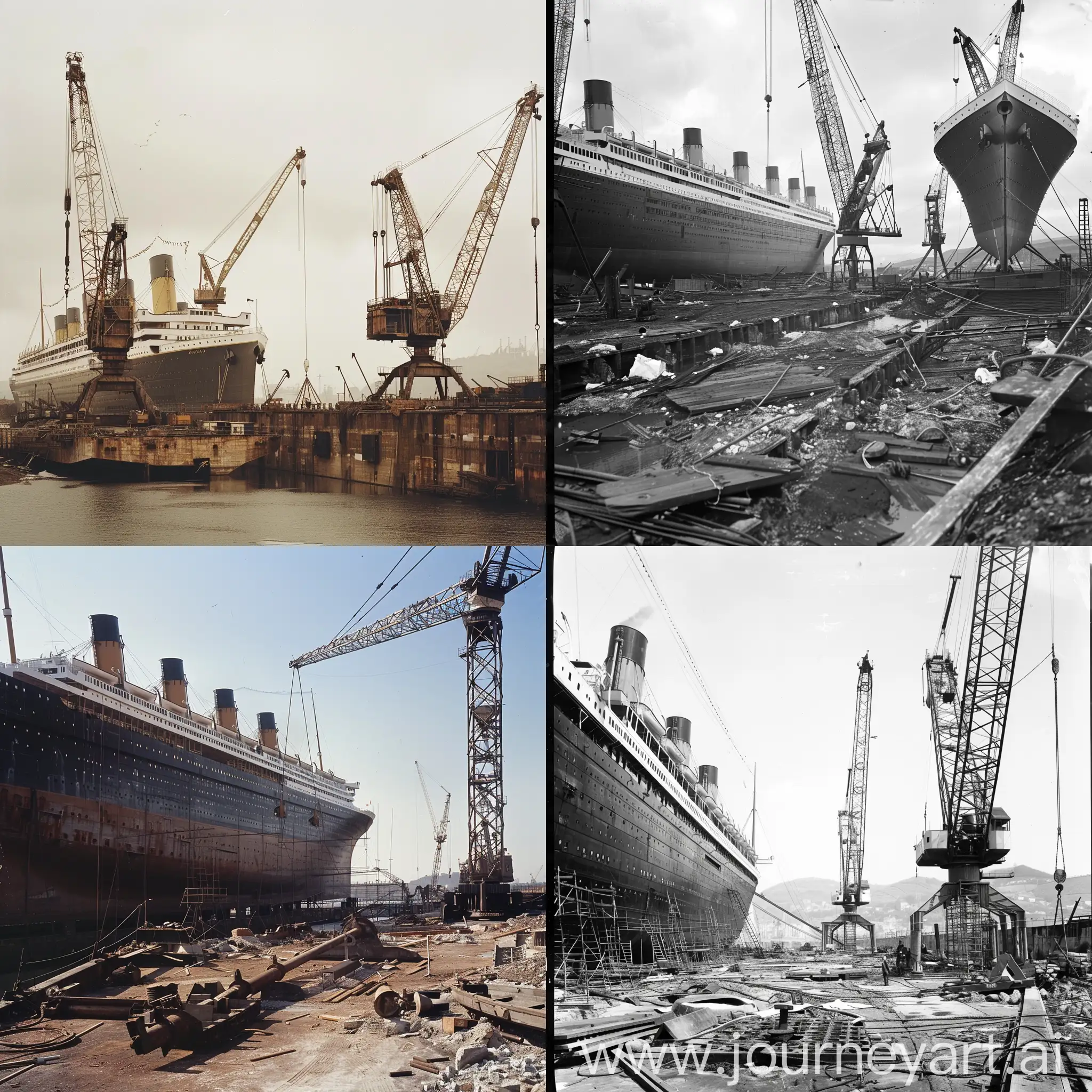 Photograph of A shipyard, a replica of the British Liner RMS Titanic being build, cranes besides the ship, early 2010s photograph.