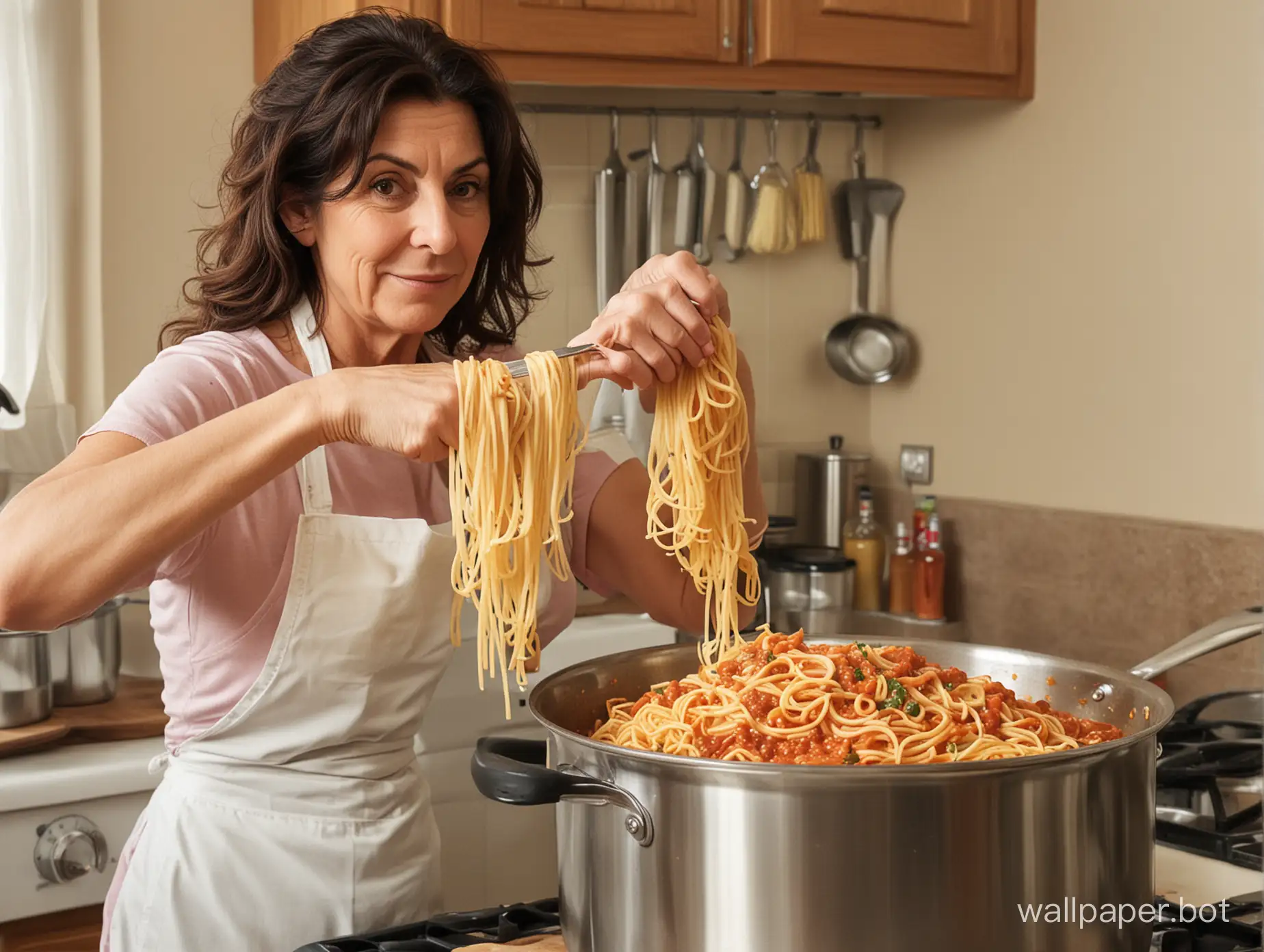 Italian mama stirring a big pot of spaghetti