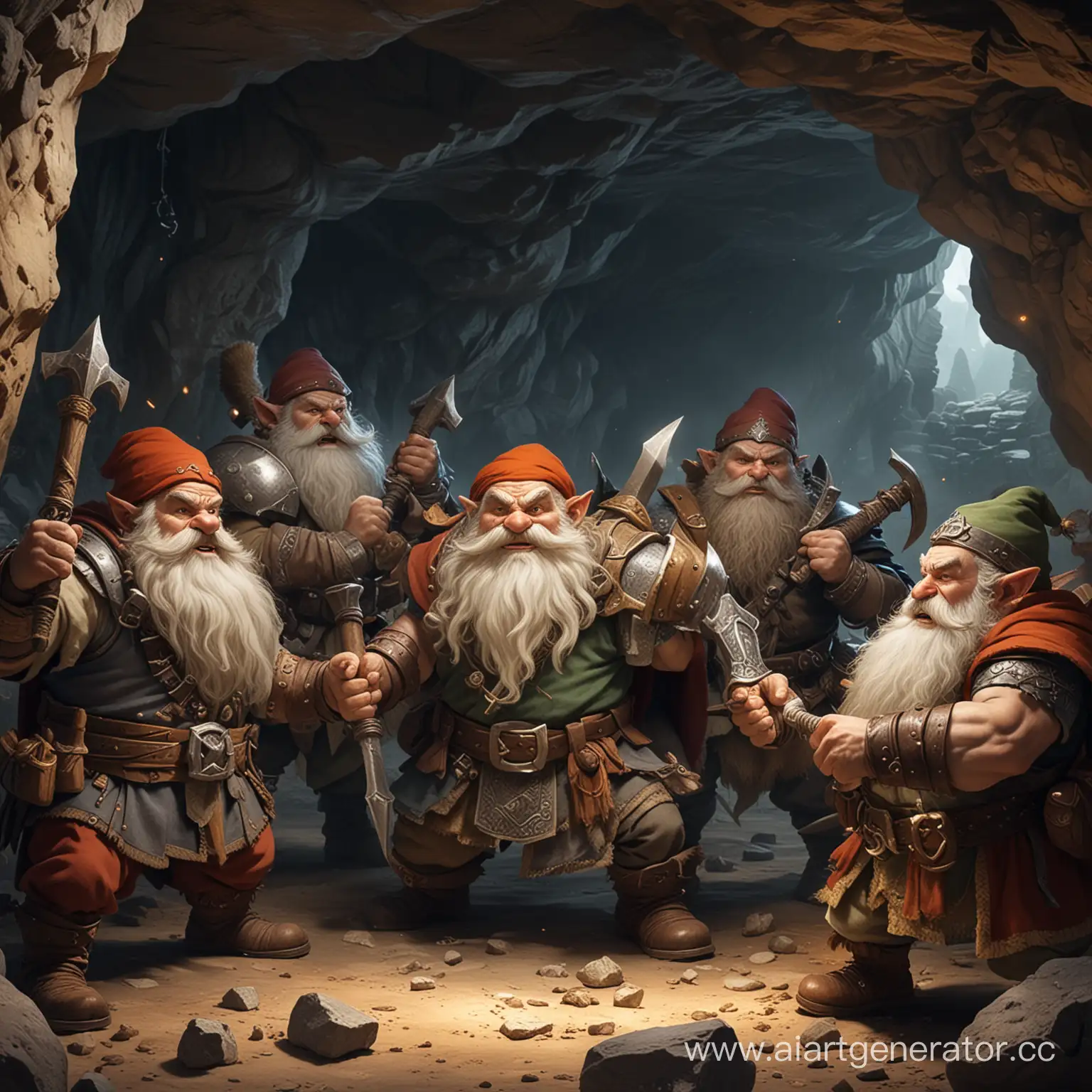 5 dwarves are fighting monsters in a cave. With the caption of the picture: Treasure Dwarf Battles