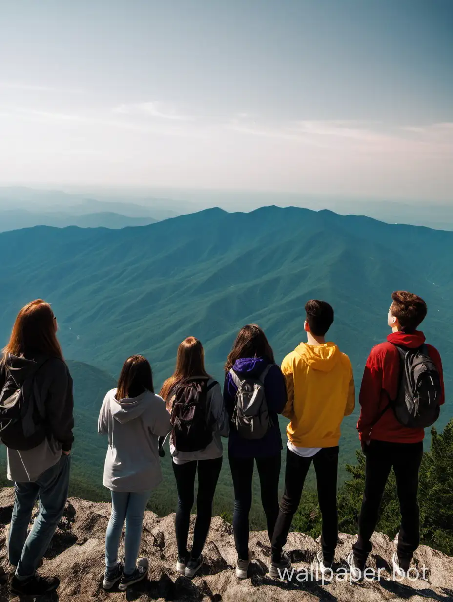 A group of young people are admiring the view from the mountaintop.