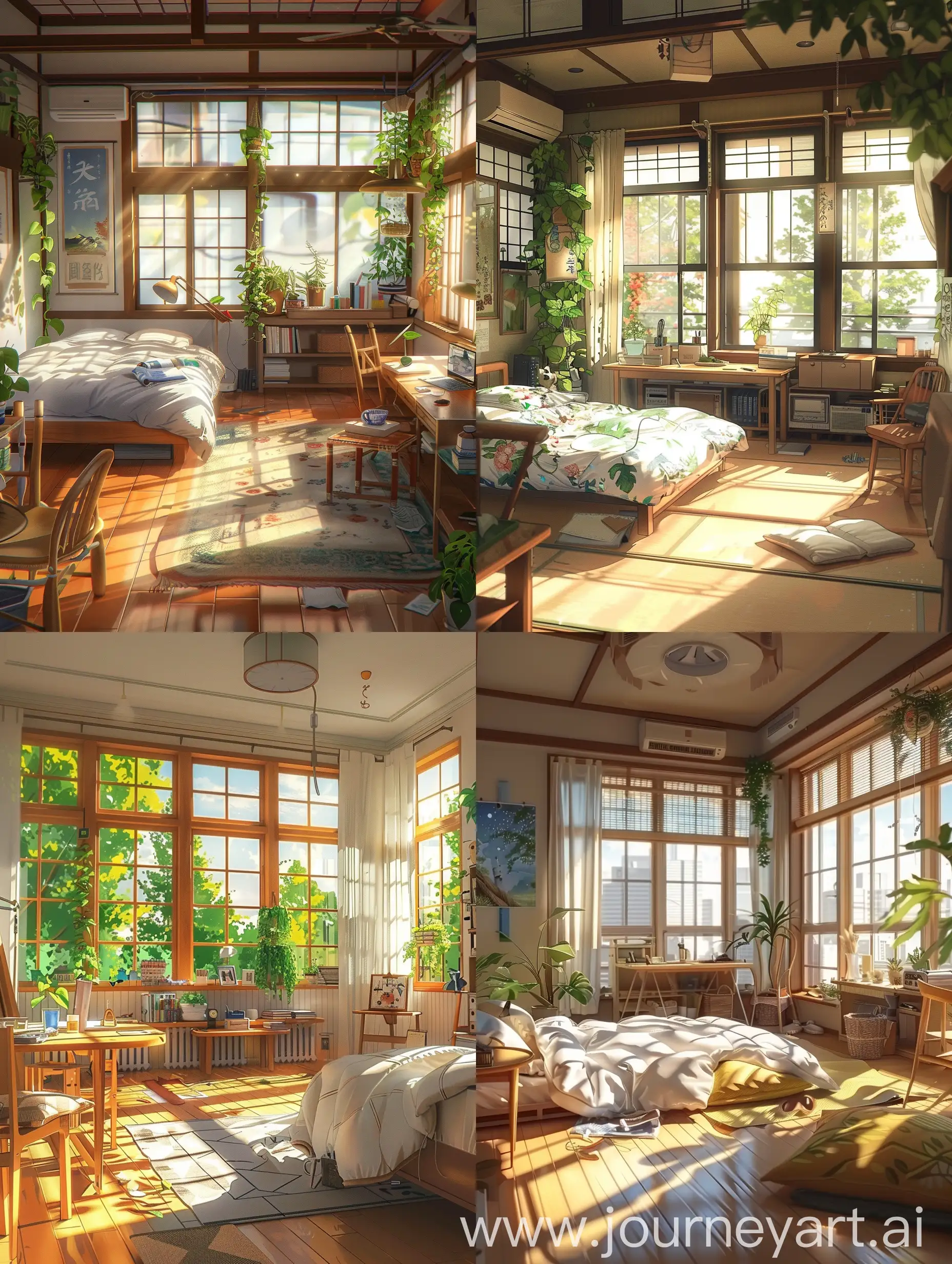 A neat room with lots of light, a bed, a table, a chair, windows, anime style, wallpaper