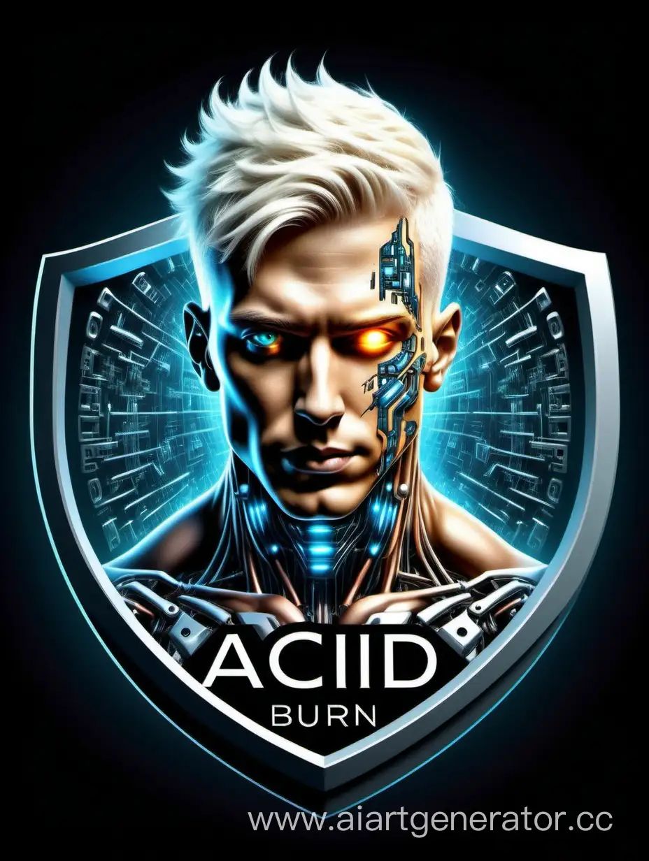 Logo placed in crest of ariticial male human half cyborg, super intelligent, natural biological look, computer hacker, cyber enslaver called/using nickname "Acid_Burn", platinum blonde short hair.