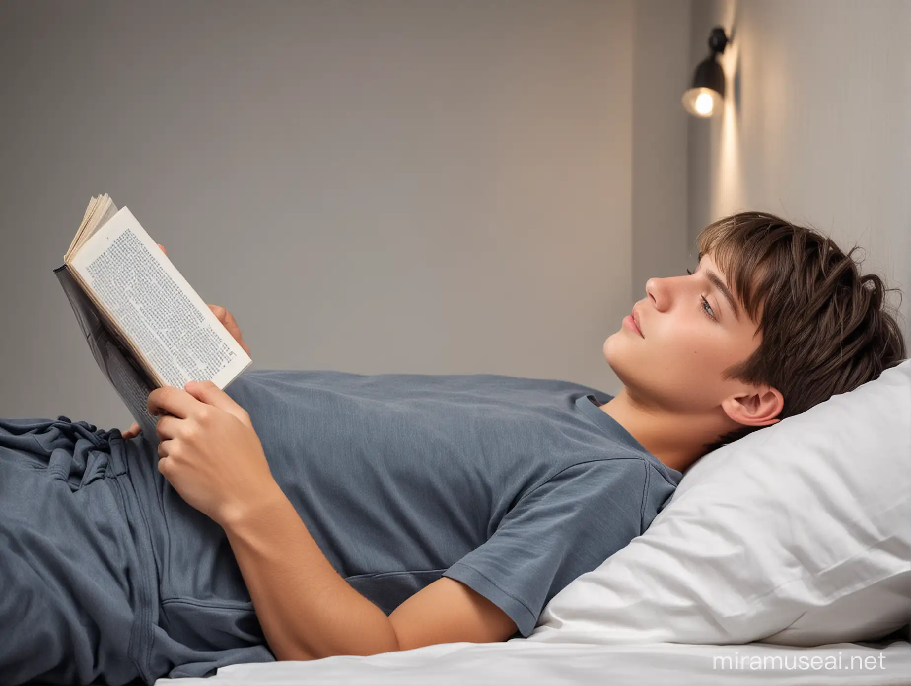 Handsome Teenage Boy Reading Book on Bed