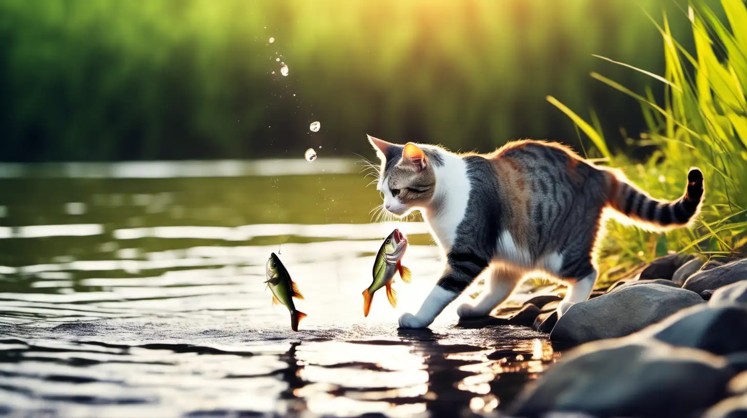 Playful Cat Fishing by the River in Vibrant Sunlight