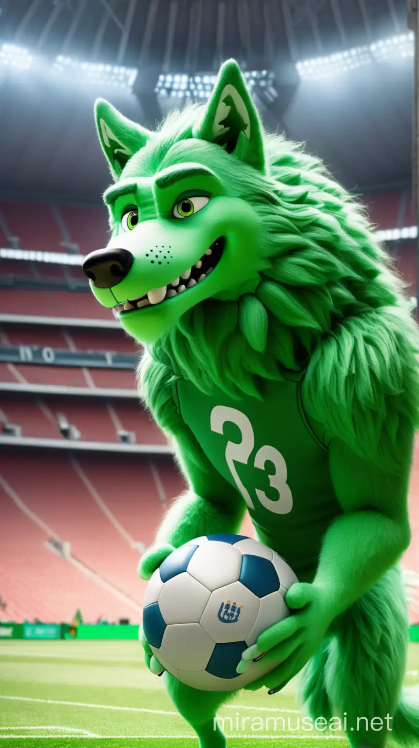 Loup vert dans un stade de football. Avec un ballon. Version pixar. 