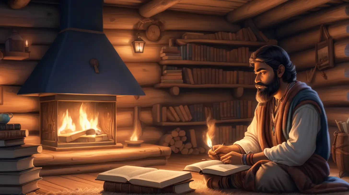 Bearded Indian Man Engrossed in Books by Fireside in Cozy Log Cabin