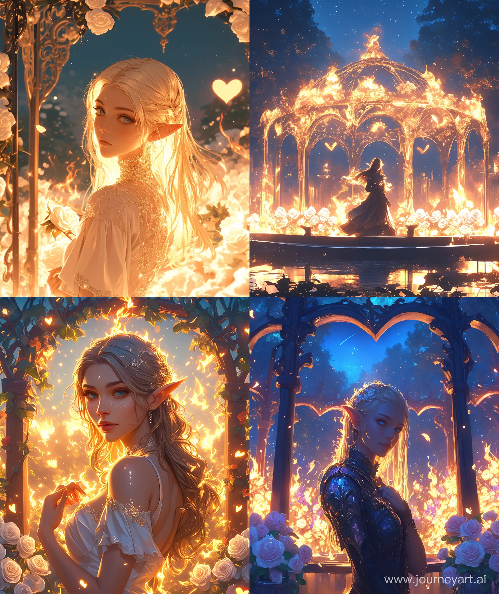 Beautiful burning love, fantasy, elf, burning white roses, mesmerizing view, upper body, glistening atmosphere, burning flame gazabo background, burning flame heart ambient, cool tone, looking at viewers, ultra hd --ar 27:32 --niji 6