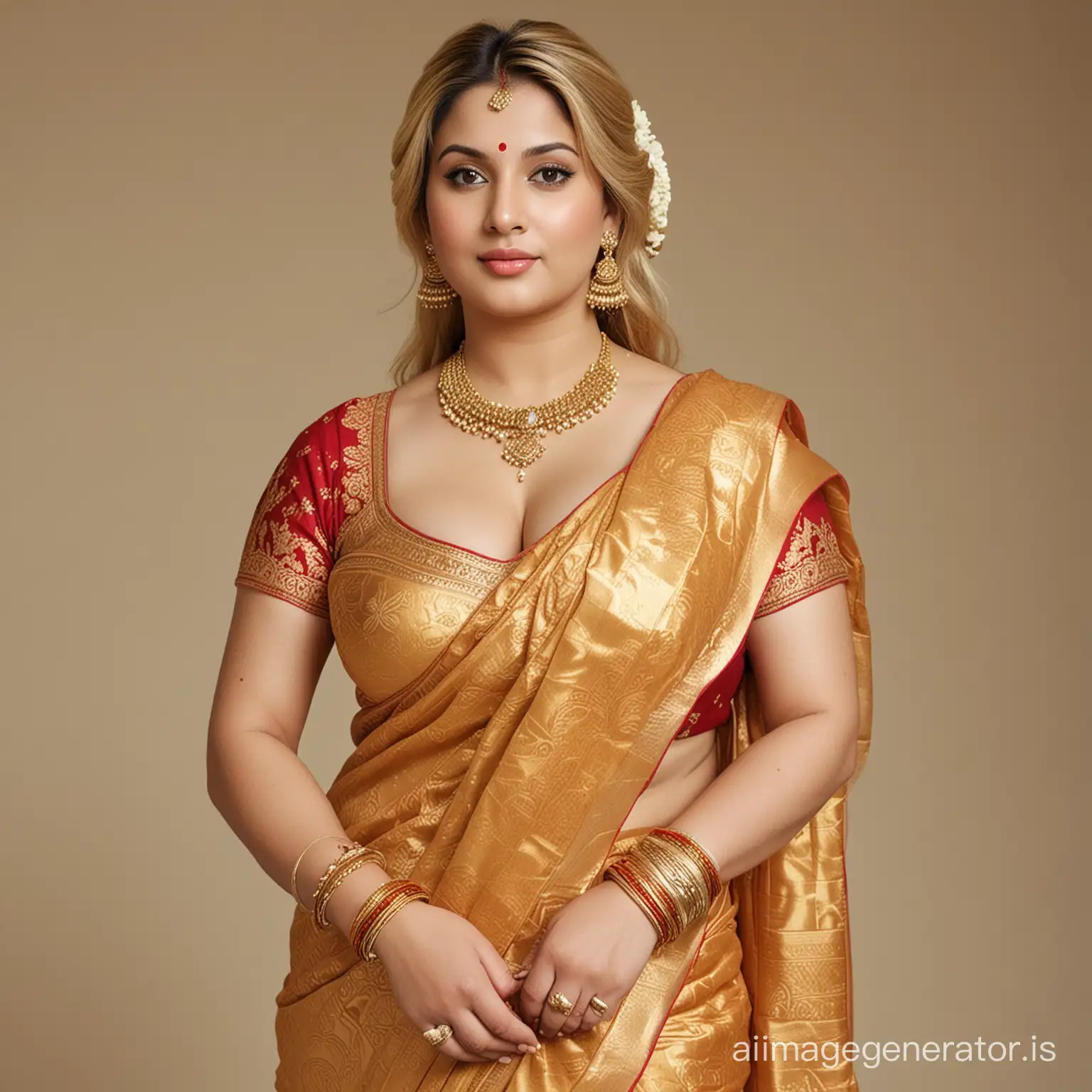 Generate full body image of a 27 year old very busty big fatty breast, big fatty thighs, big fatty hand , big fatty butts and curvy completely American origin fatty chubby obese very fair white skin girl blonde hair wearing traditional style banarasi saree and wearing gold bangles in hand and wearing gold necklace with gold jewelry in india wedding program