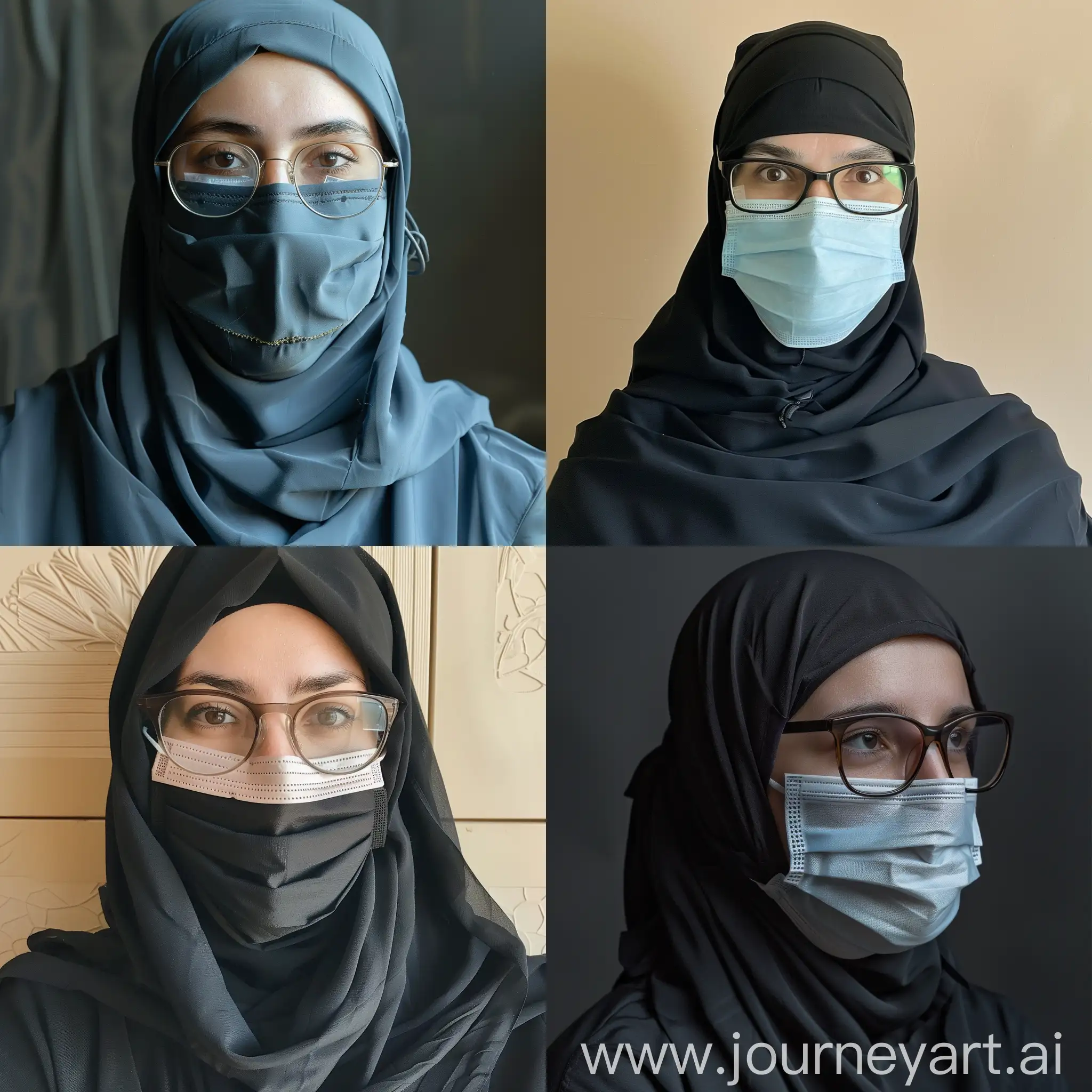 Woman wearing tight niqab and wearing double surgical masks under the niqab which can be seen slightly. She wears glasses and her eyebrows are covered with the veil.