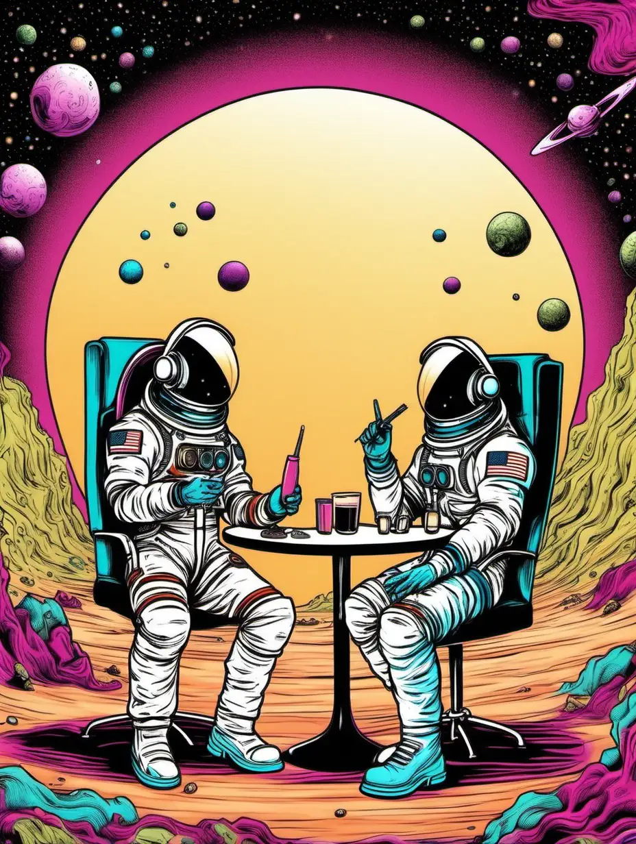 2 astronauts on a different planet 
sat at an alien cafe smoking up
show a very aesthetuc background using lots of colour 
show the vacuum of space 
Draw a speech bubble coming from both of their helmets