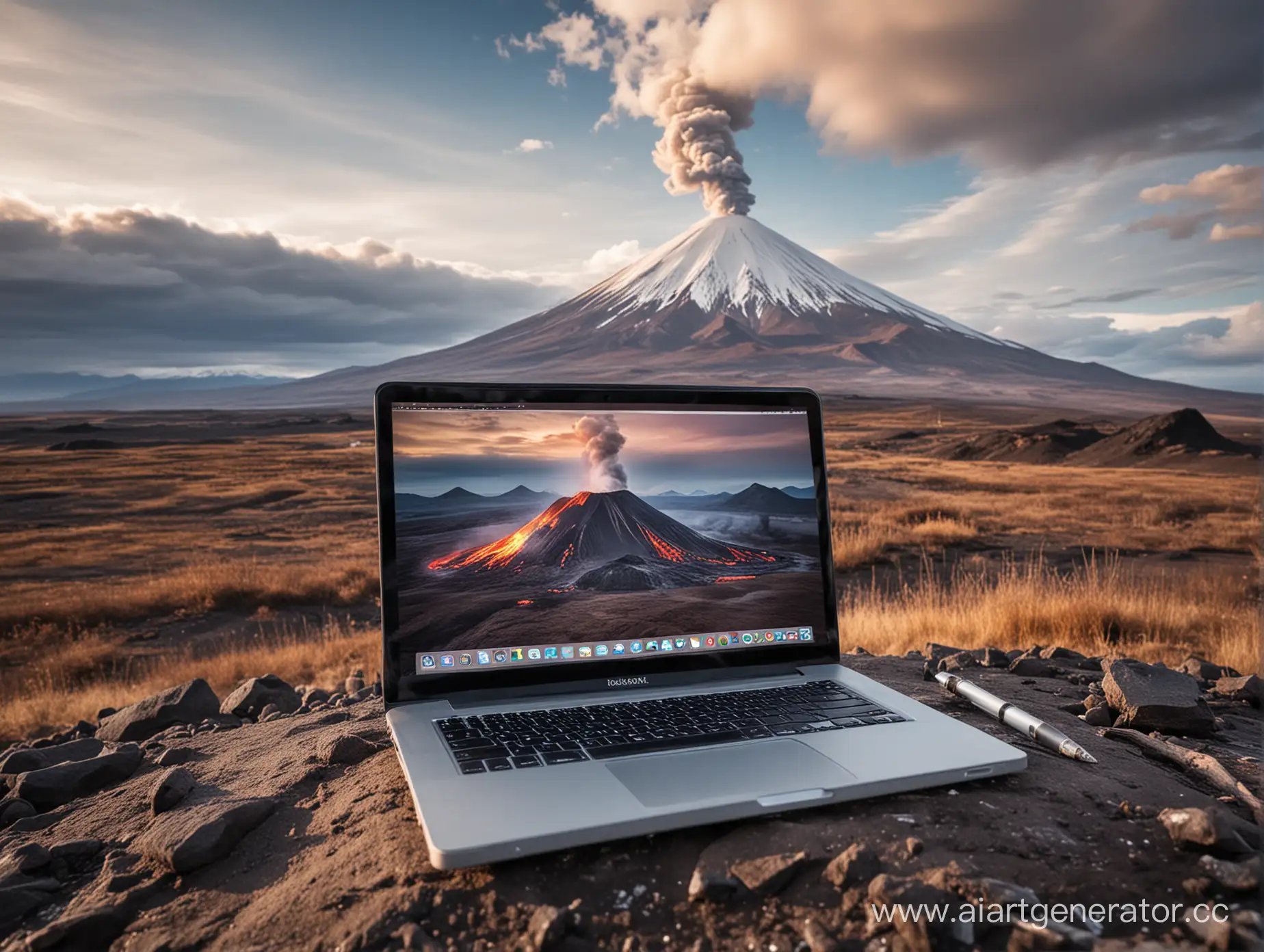 Kamchatka-Marketing-Team-with-Volcanic-Backdrop-Using-Laptops-and-Notebooks