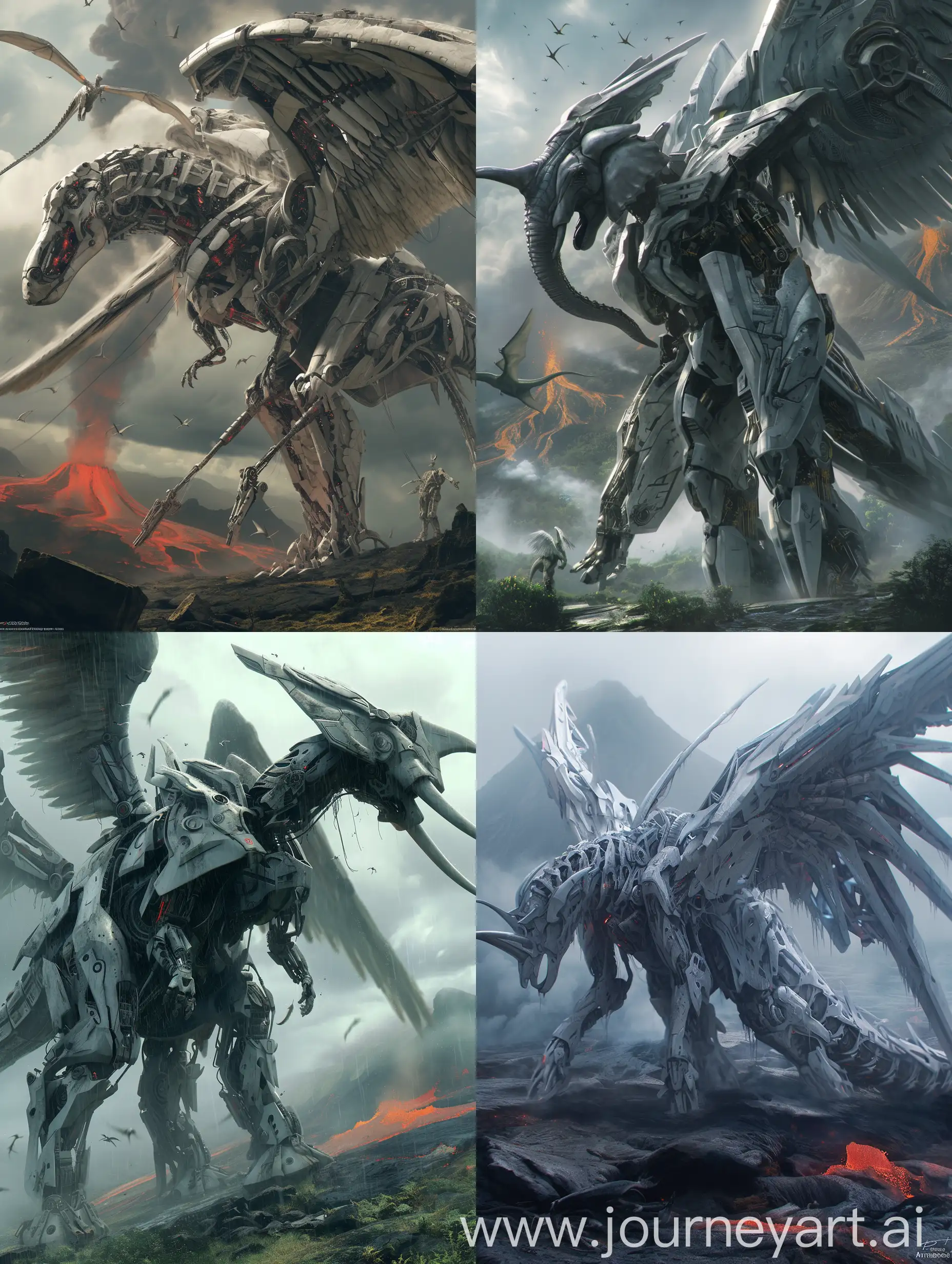  concept art, sharp focus, 6 meters hightail illustration, art by artgerm and greg rutkowski and alphonse mucha, cinematic lighting, highly detailed, hyperrealistic, digital art , hyper realistic, ultra detailed photography,  angel robot elphant dragon dinosaur hybrids, fusions work ,  hyperrealism film, full body of angel Chasmosaurus mechanical dinosaur hybrids fusions as a wing robot angle, realistic perspective, xbox 360 graphics, surrealistic realism, emotive realism, soggy, eerily realistic robot, volcano backgroun,    --stylize 850 --niji 6 --style raw
