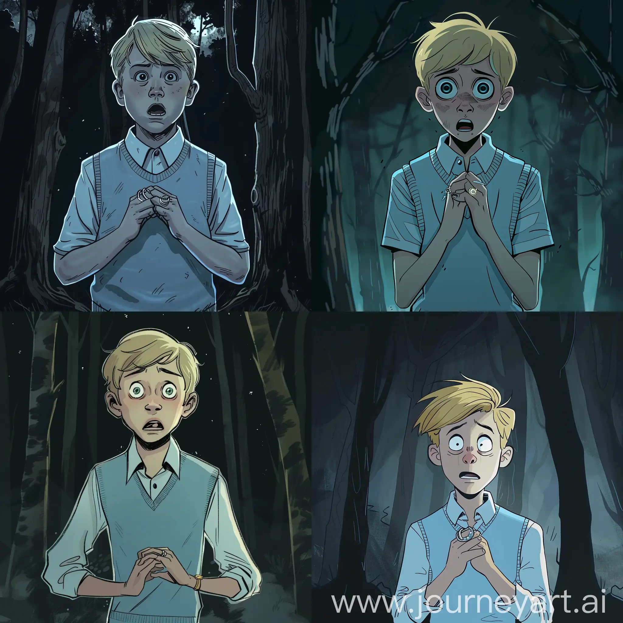 animated drawing, night, dark theme, forest, teenager, a boy with blonde hair middle part haircut and wearing light blue sweater vest, rings, looking scared because he is lonely