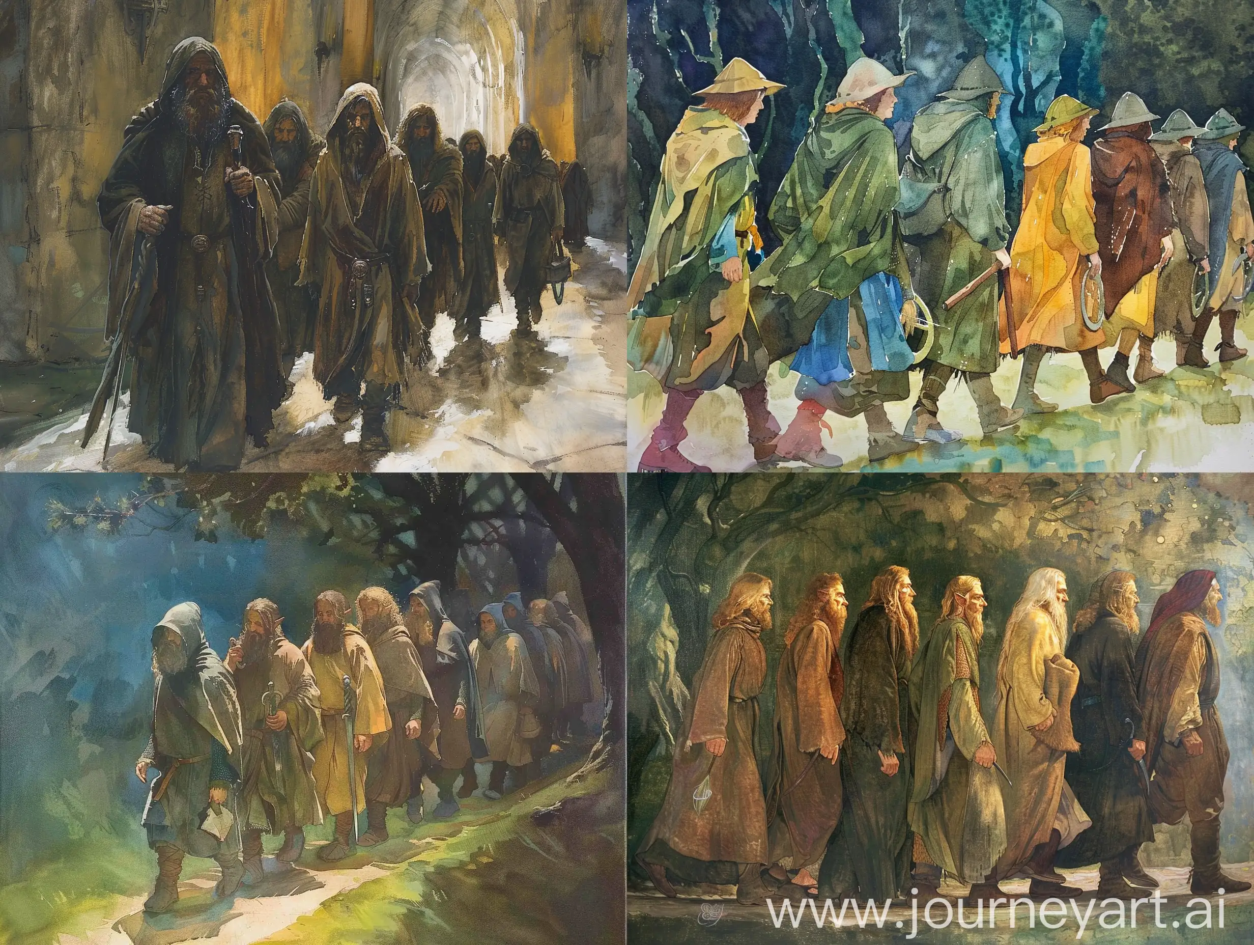 the fellowship of the ring, walking in line, early 1900s style art, painted, book illustration