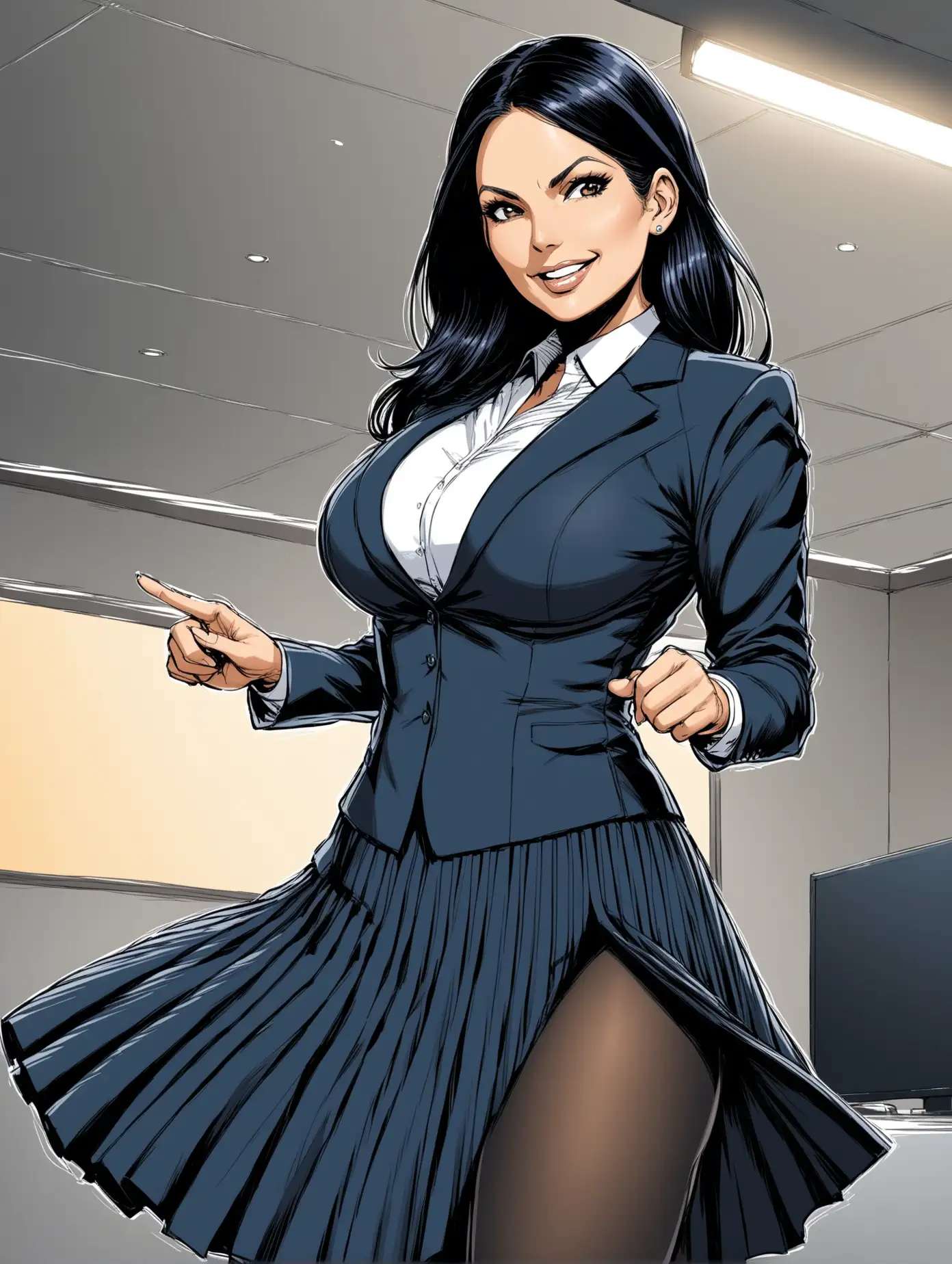 Mature, Priti Patel, dark navy suit [Highly Detailed] DC comic art style, navy pantyhose, giving speech, black bra exposed,  pulling up long pleated skirt, smirk