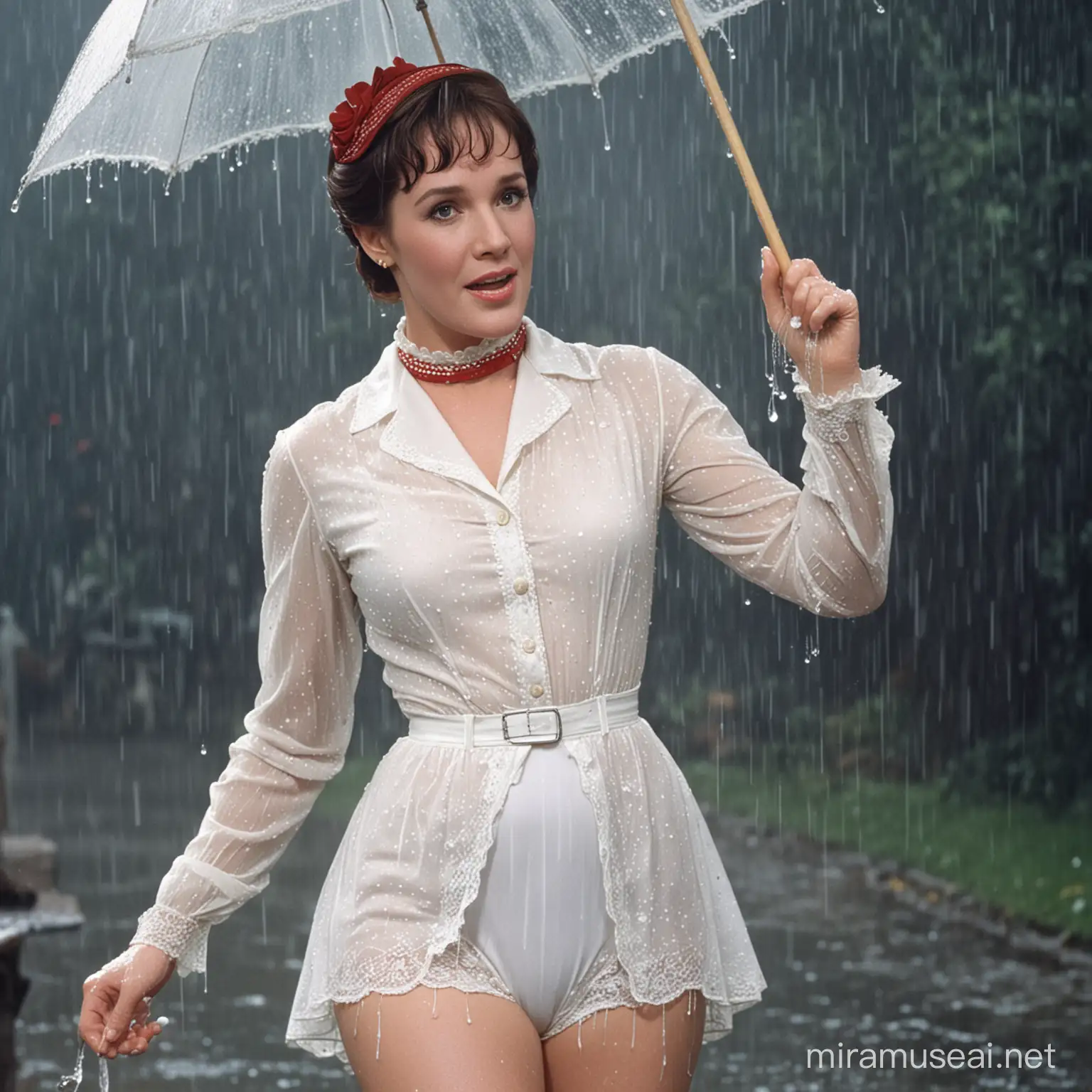 A colour photo of Julie Andrews as Mary Poppins, wearing wet, white lacy panties, in the rain.