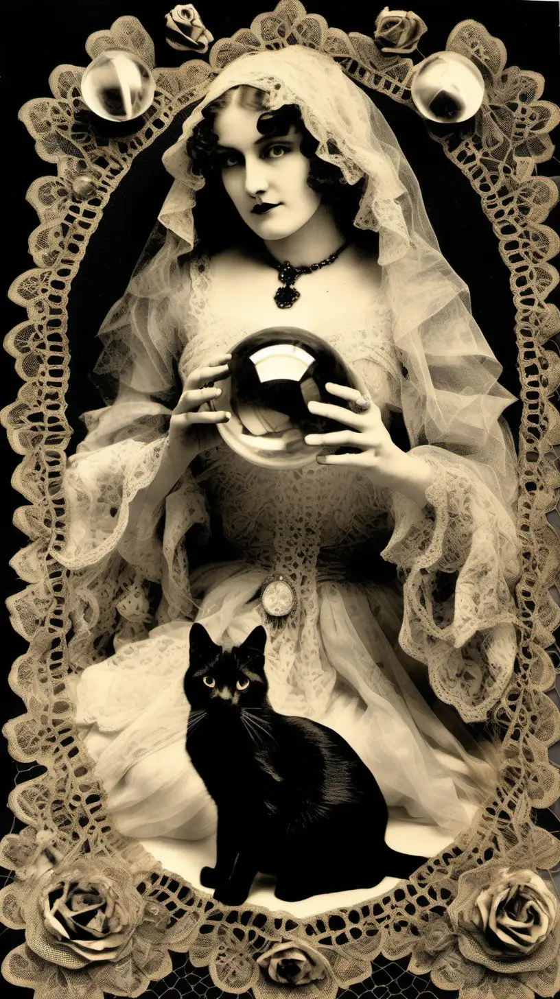 antique lacework with gathered fabric  with a photo of a  female witch holding a clear crystal ball 
there are small black roses there is a black cat on her lap
