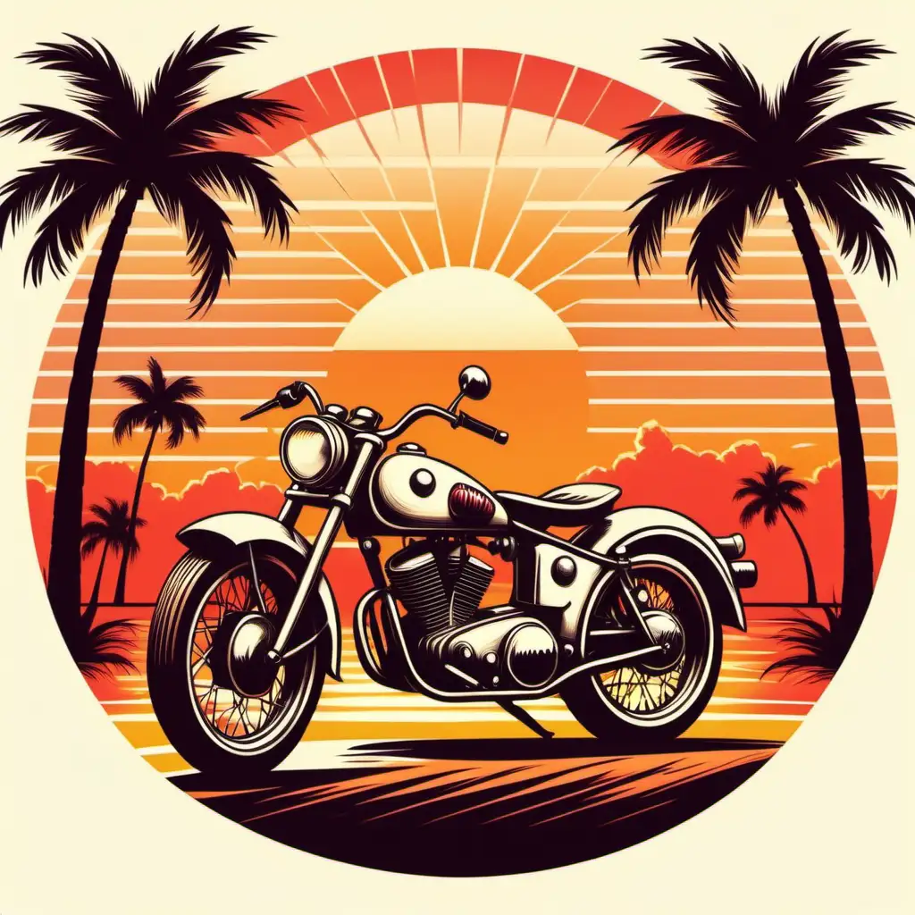 vintage motorcycle,backdrop retro BRIGHT BOLD sunset,incorporate elements like palm trees,use vintage colour pallete, white bachground,ROUND IMAGE