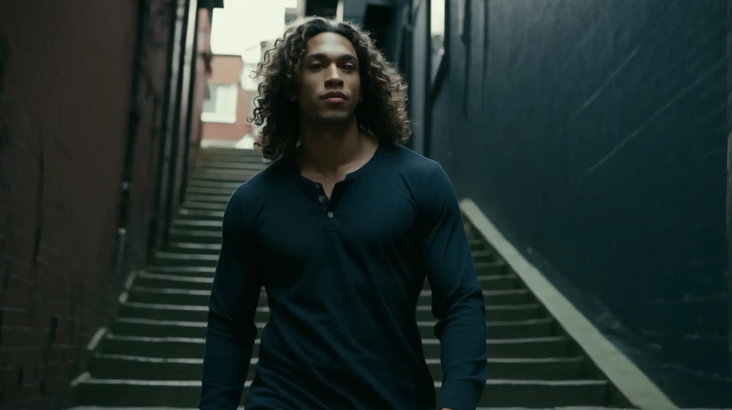 a cinematic scene shot on arri Alexa with a 35 mm lens 1.2 f (long shot) of a sexy mixed man with long curly hair walking down an ally way with stairs full body, dressed in mishbv long sleeve.