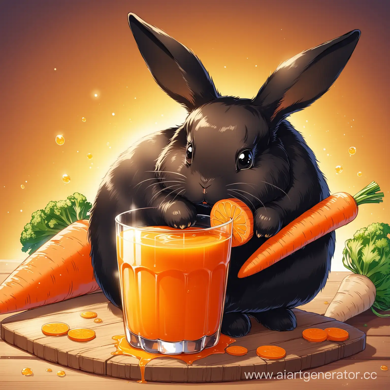  НарисованныйАрт чёрный кролик в бокале морковного сока