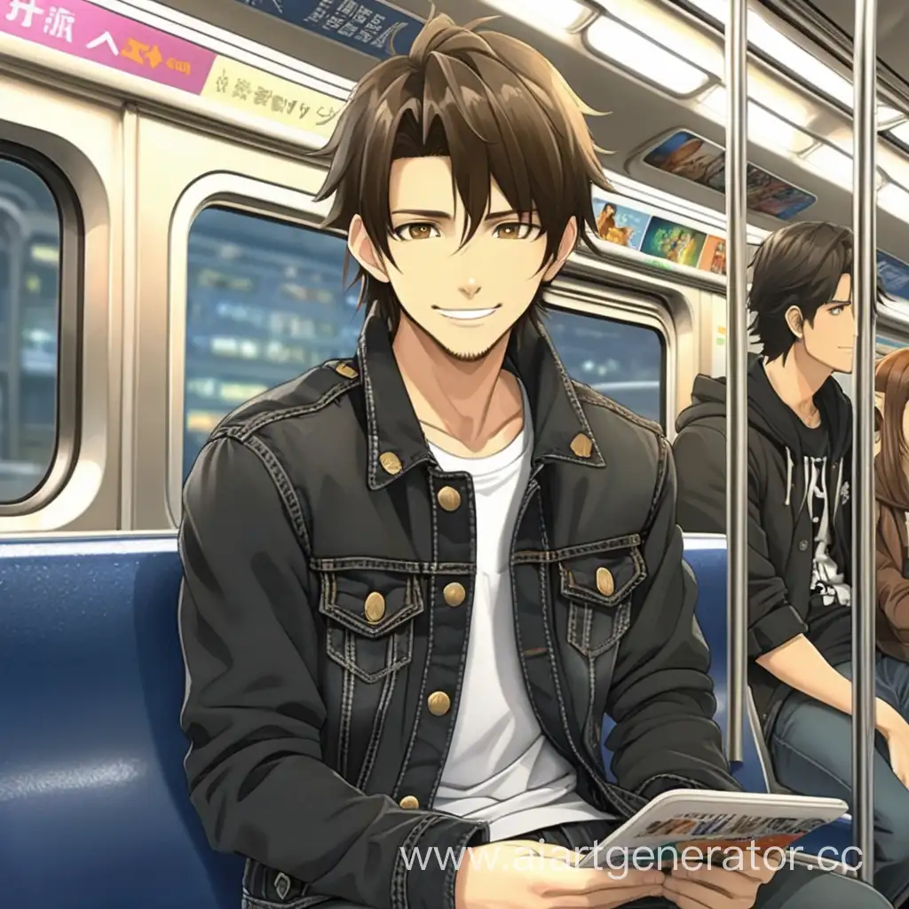 в вагоне метро сидит парень брюнет в черной джинсовой куртке и улыбается аниме