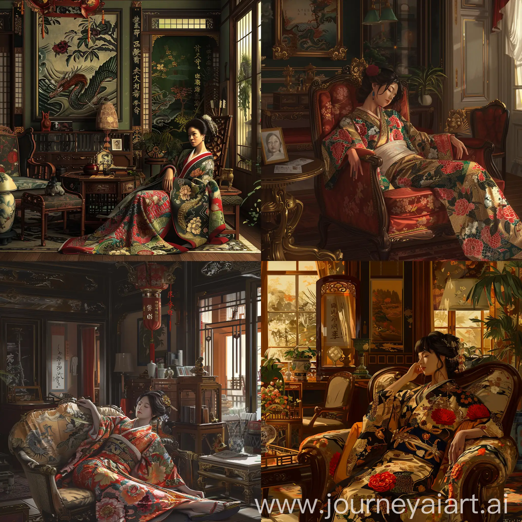 A courtesan relaxes in a gorgeous kimono in her room, decorated with luxurious furnishings. The pattern on the kimono is a scarlet peony and a dragon, a painting of a courtesan, a rental kimono for a courtesan, a photo of a courtesan from the end of the Edo period to the Meiji period, by Kiyokata Kaburagi, Shoen Uemura, and Shinsui Ito, detailed illustrations, hq, nostalgic, atmosphere, concept art, sharp focus, smooth, fullbody, masterpiece, cgstasion, anime style