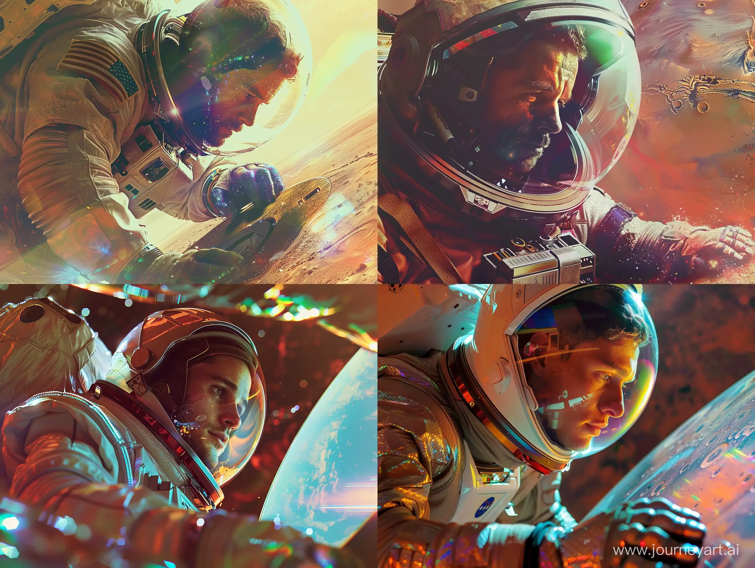 мужчина в костюме космонавта без скафандра смотрит в экран сидя на диске марса, красивые цвета и блики, его лицо видно близко и отчетливо