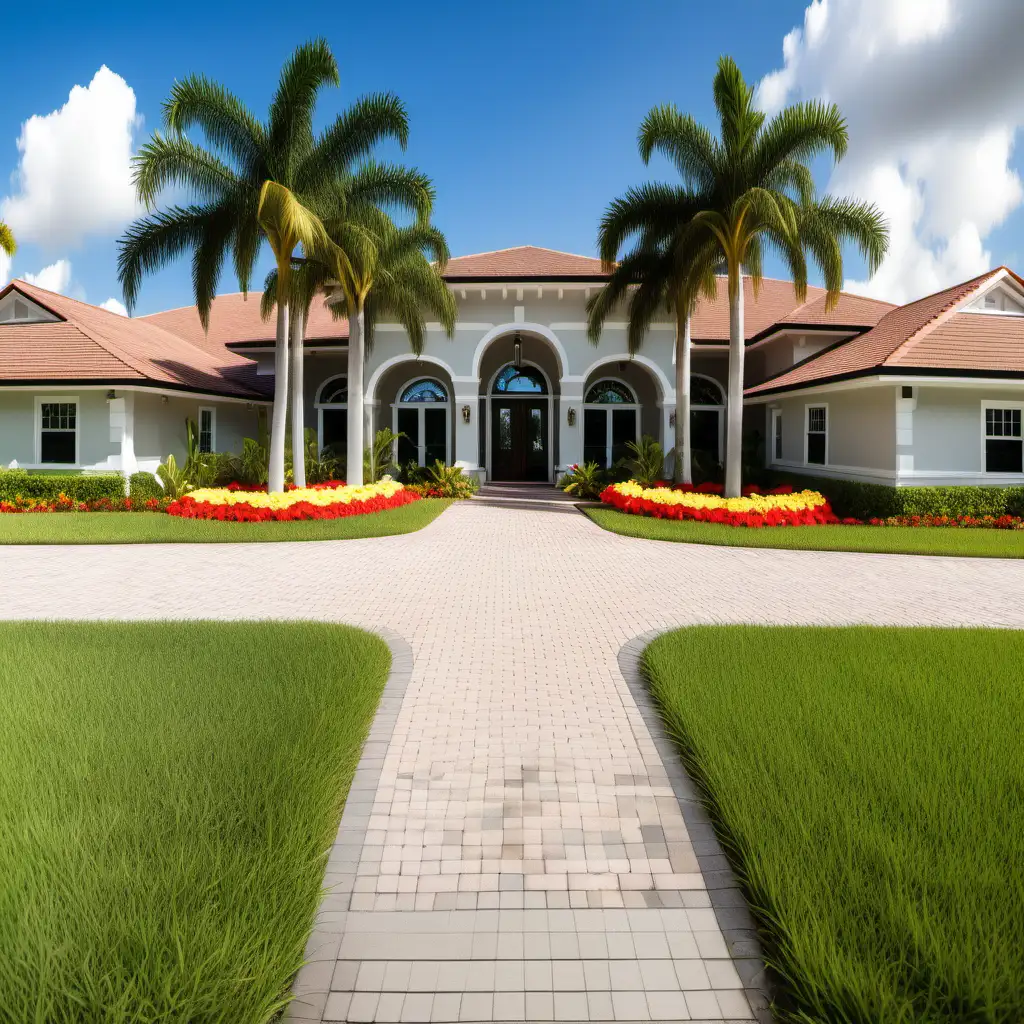 Huge nine-bedroom home in south Florida ranch style viewed from the street, beautiful lawn with flowers, fine detail.