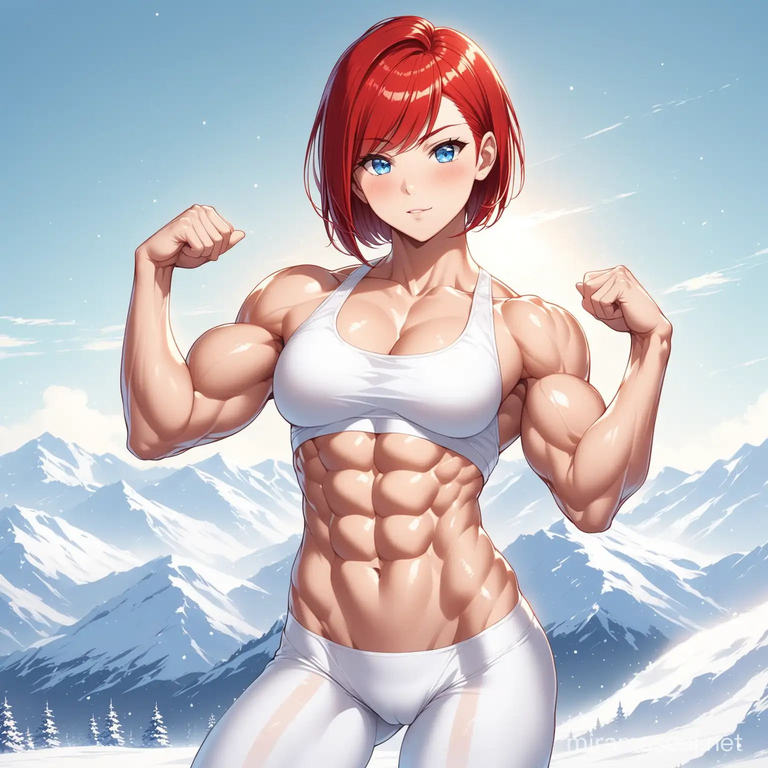 muscle,fit female, bright blue eyes, red bob haircut, dd cup, 8 pack abs, lean female body, lean body, female, woman, whole body, whitte stockings, white scenery