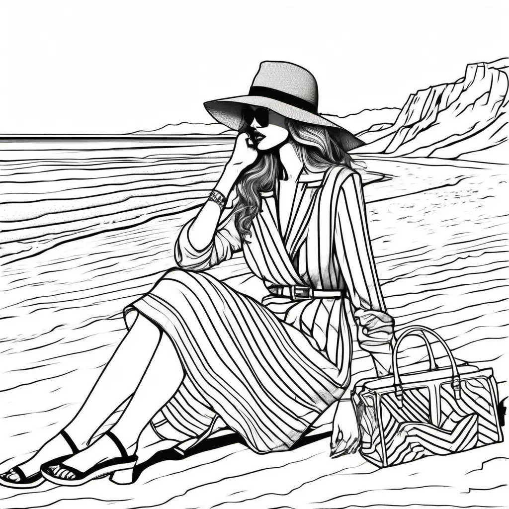 fashion coloring page, sitting on the beach, black lines white background--17:22