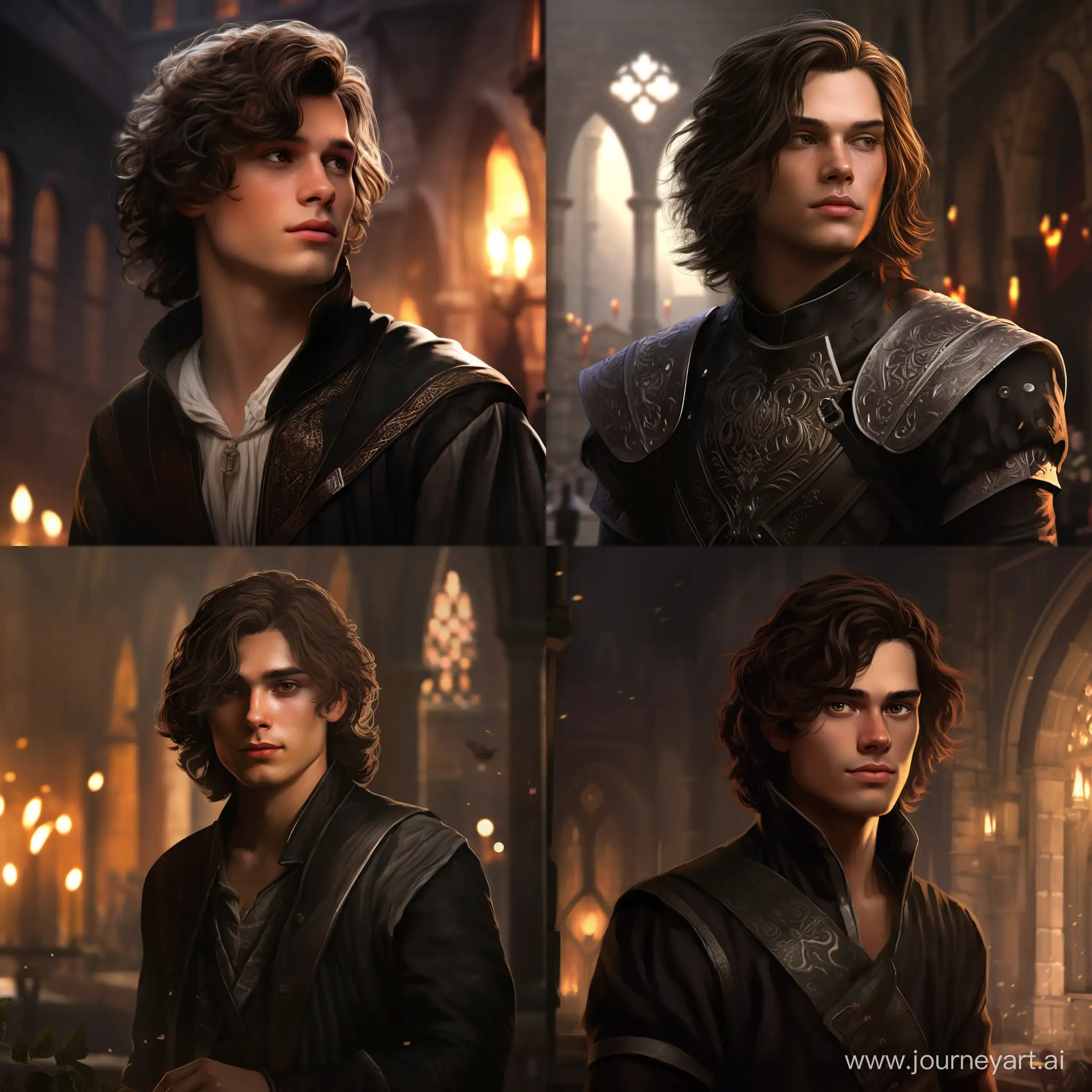 portrait of the viceroy's son, 22 years old, non-identical face, long brown hair, no beard, transparent large crystal emitting a light black mist on the left and on the right, a black mist hanging around the neck, round nose, medieval city, fantasy, realistic, digital art, 4k, fantasy