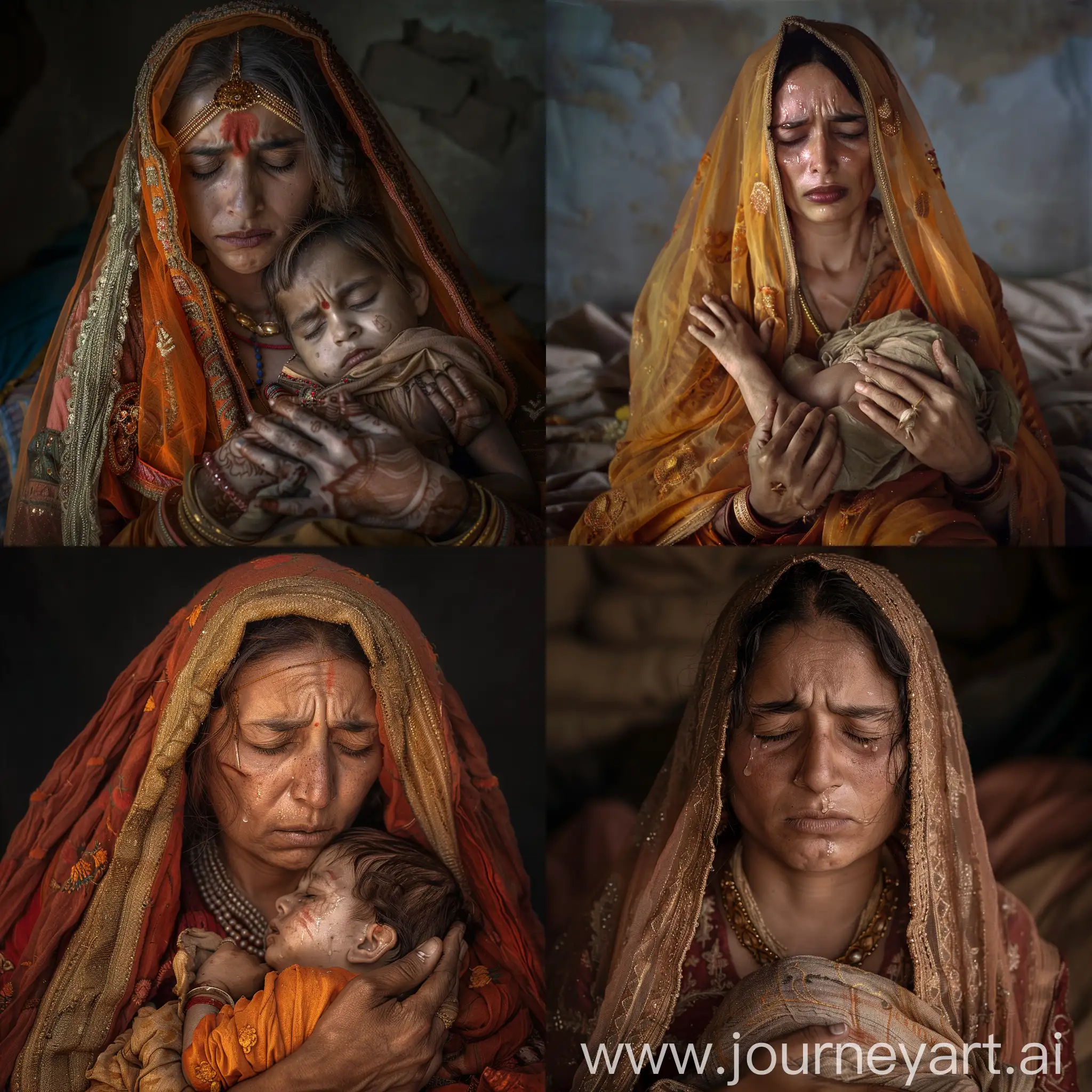 year is 1700 CE. Imagine a rajasthani rajput woman, eyes closed, tears coming out of her eyes. She is holding her  dead child in her arms.