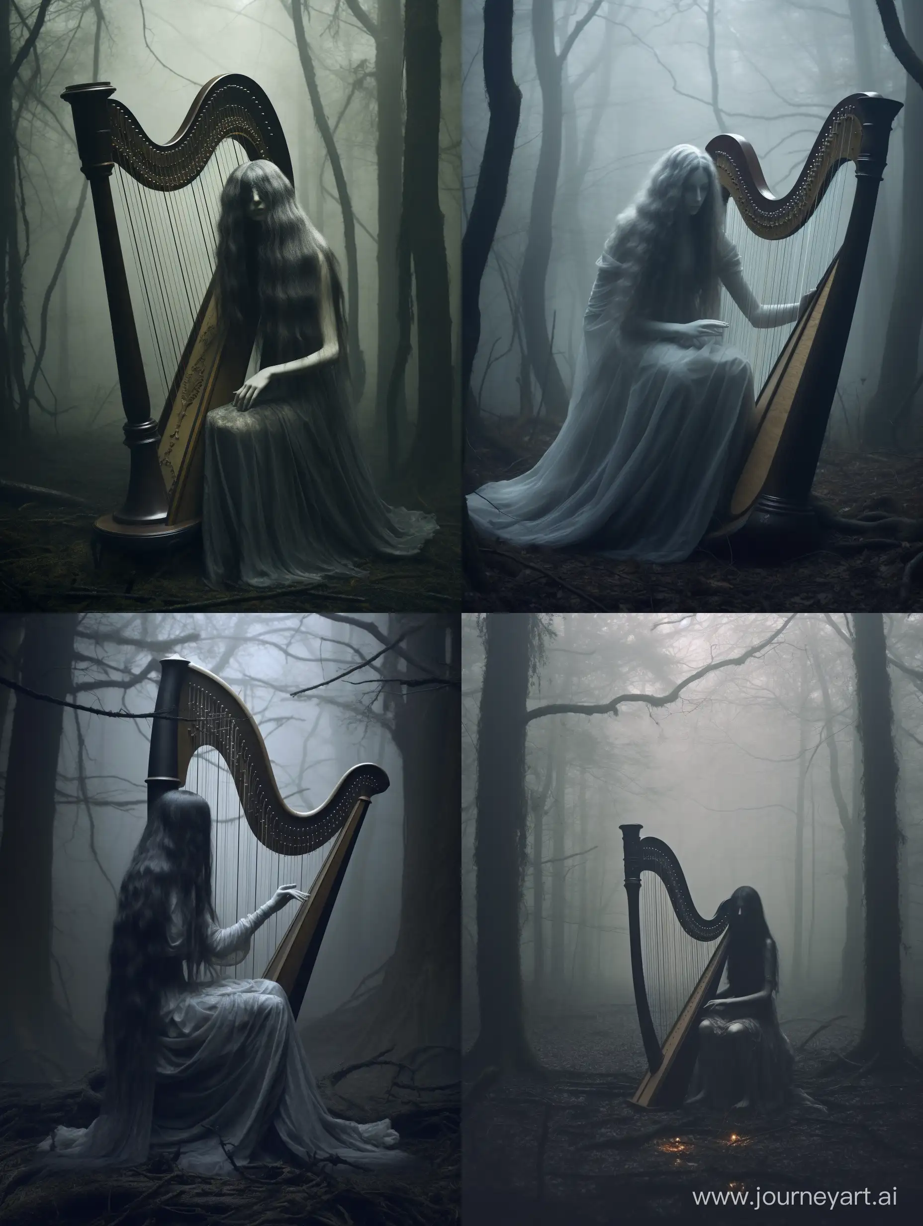 Breathtaking surreal Moonlit skeletal Harpist with long flowy hair playing a large beautiful intricately detailed harp in eerie Misty Forest