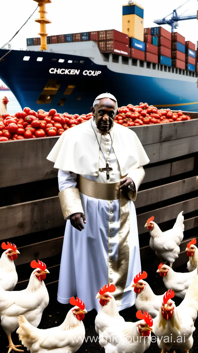 the black pope dressed in all white in a chicken coup with a plethora of chickens surrounding him. The background is a container ship yard with containers filled with tomatoes