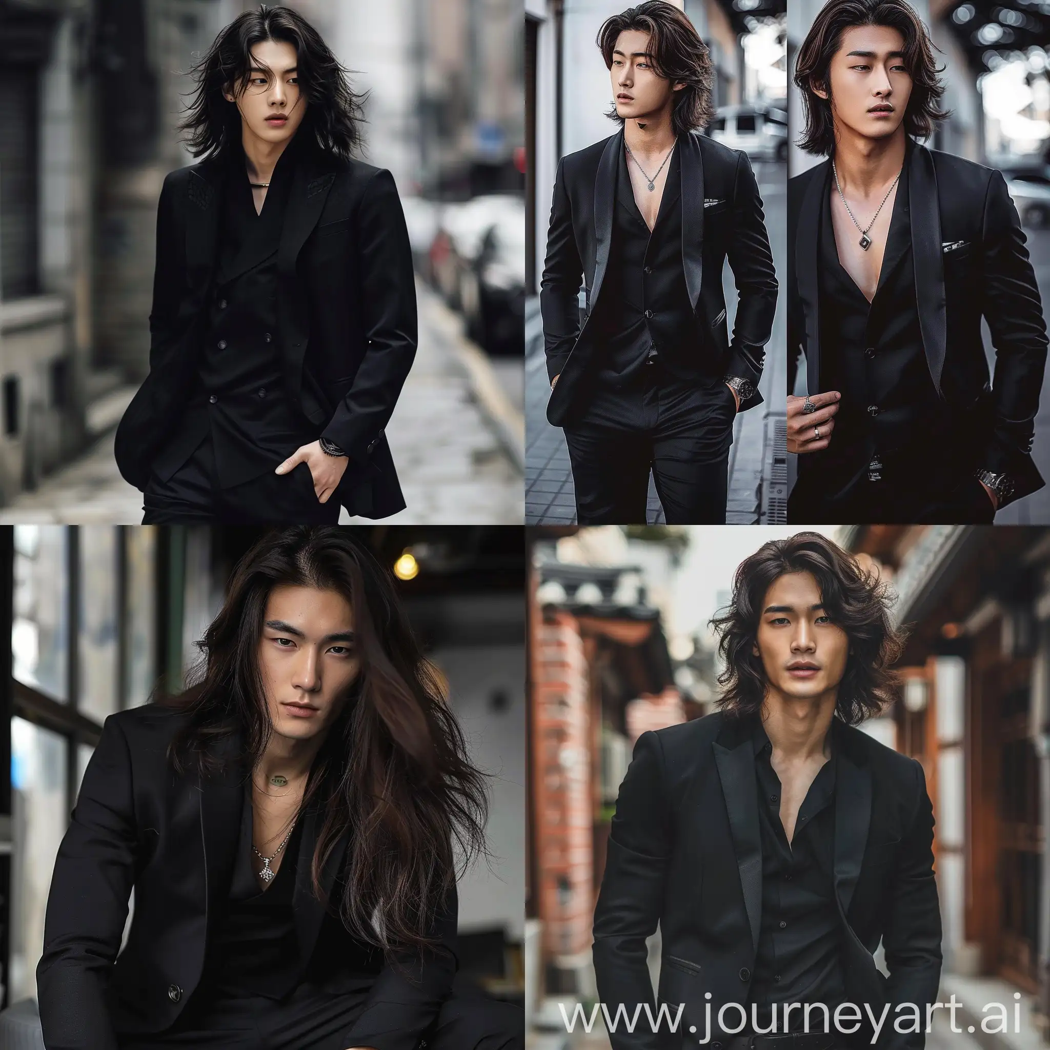 Korean boy mafia vibe well built body in black suit a bit long hair ... 
