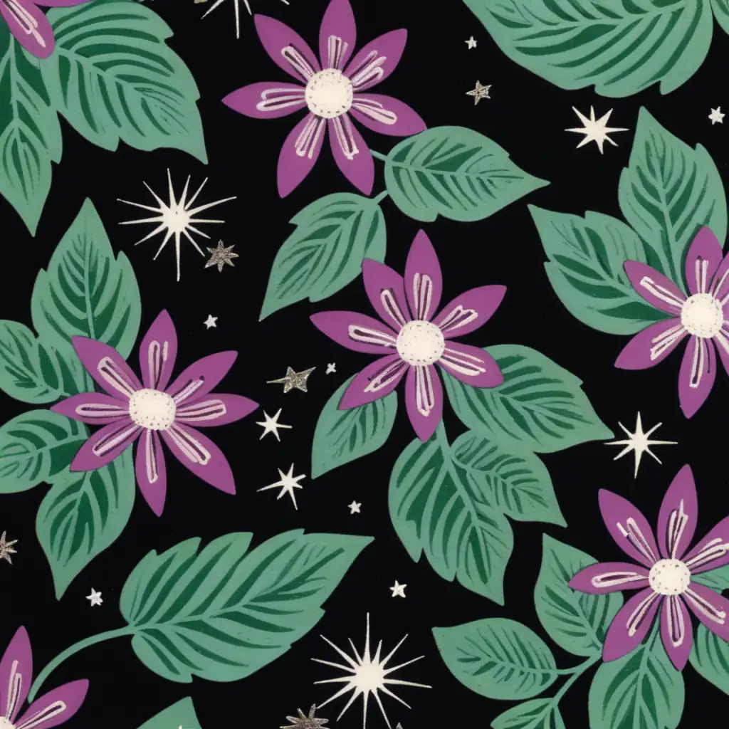 dorothy draper 1950's floral design deco galaxy stars glamour green leaves purple rifle paper black background