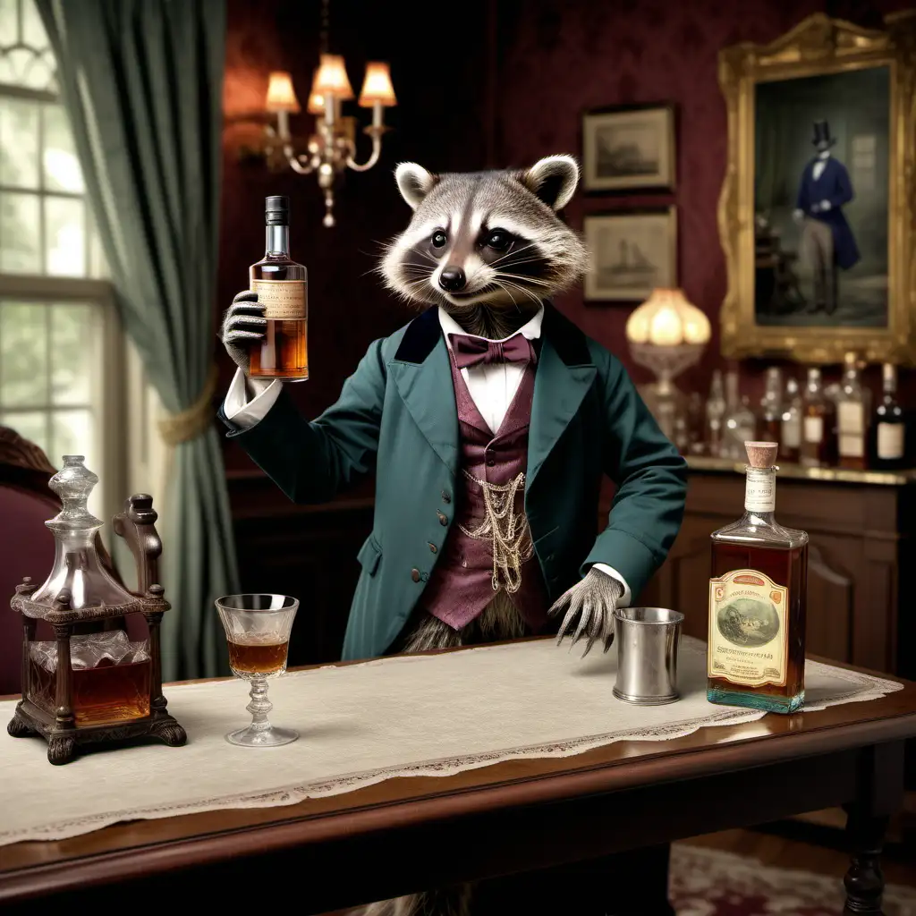 generate a real photo with humor with a funny picture of a victorian scene we see an elegantly dressed raccoon working on a bottle of whiskey which is standing on a high table in a victorian era inn.  The raccoon, holding the glass delicately in its paw, looks at the bottle with curiosity, as if wondering about its contents.  In the background you can see a carefully decorated interior with Victorian-era furniture and subdued colors.  The whole creates a humorous scene, perfect for emphasizing the atmosphere of weekend entertainment in the spirit of the Victorian era.