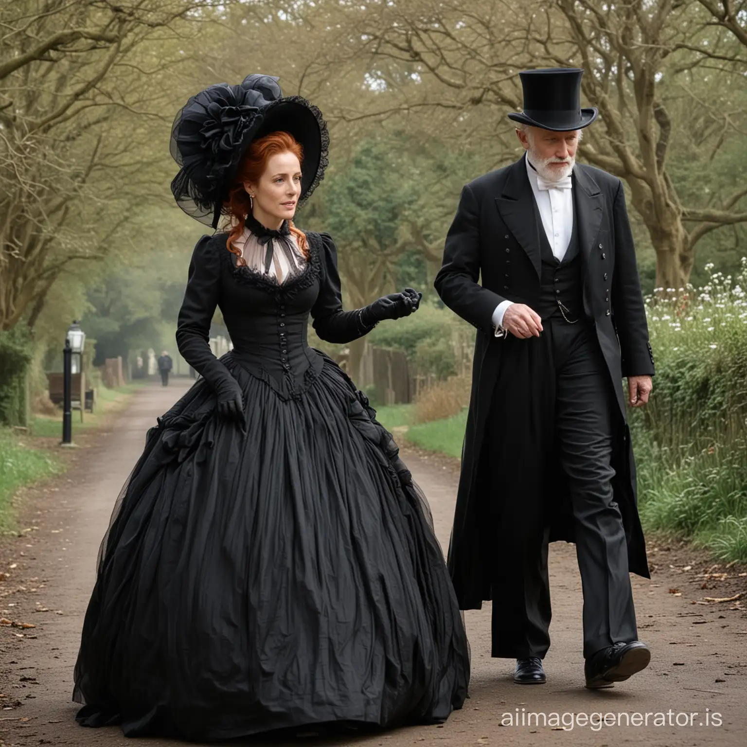 red hair Gillian Anderson wearing a black floor-length loose billowing 1860 Victorian crinoline poofy dress with a frilly bonnet walking with an old man dressed into a black Victorian suit who seems to be her newlywed husband