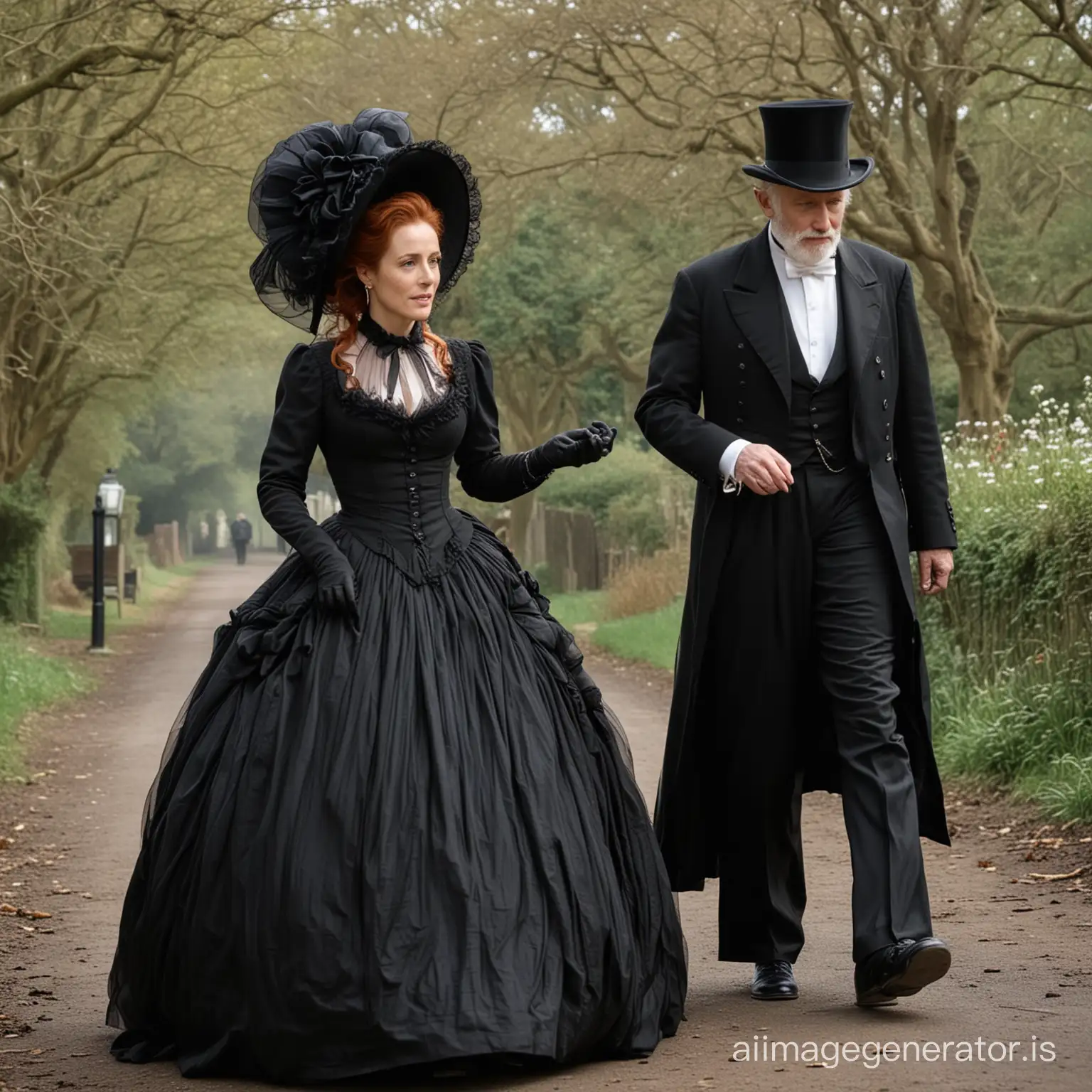 red hair Gillian Anderson wearing a black floor-length loose billowing 1860 victorian crinoline poofy dress with a frilly bonnet walking with an old man dressed into a black victorian suit who seems to be her newlywed husband
