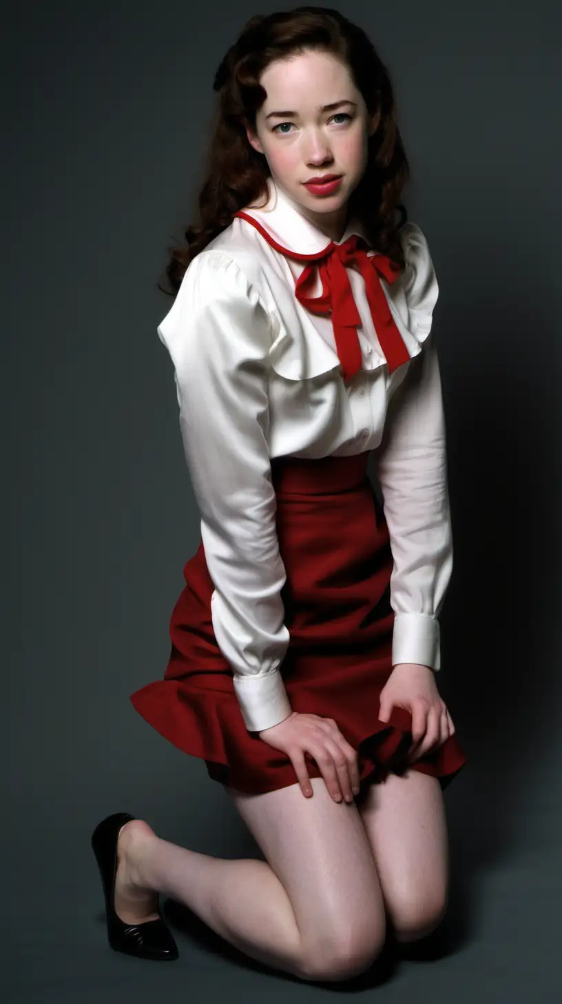 Anna Popplewell wearing a white satin long sleeve blouse with a large collar and a slightly ruffled red linen mini pencil skirt kneels on both knees, full body profile