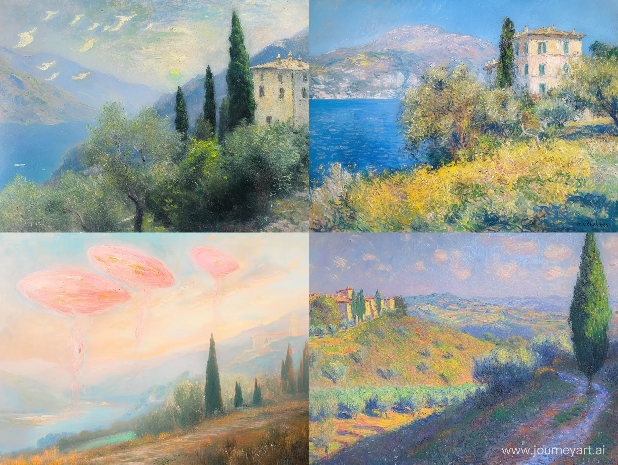 A painting of a Italian landscape image in the style of Monet with Meeting and floating effects