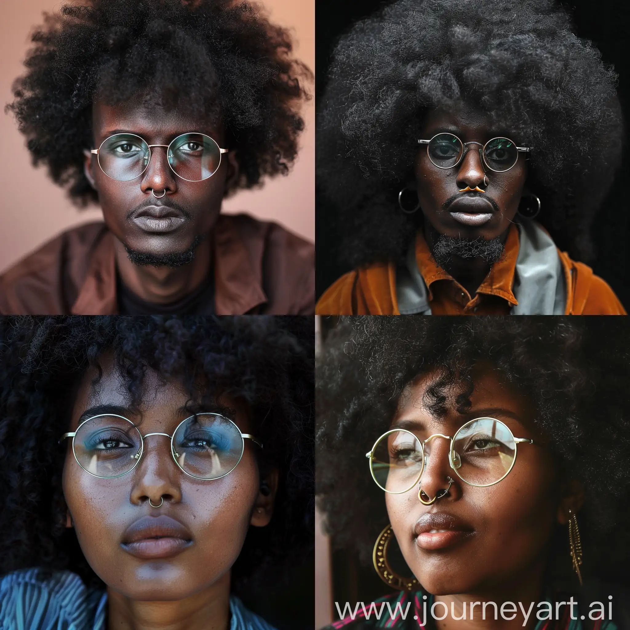 somalian with a hookish nose glasses and curly afro