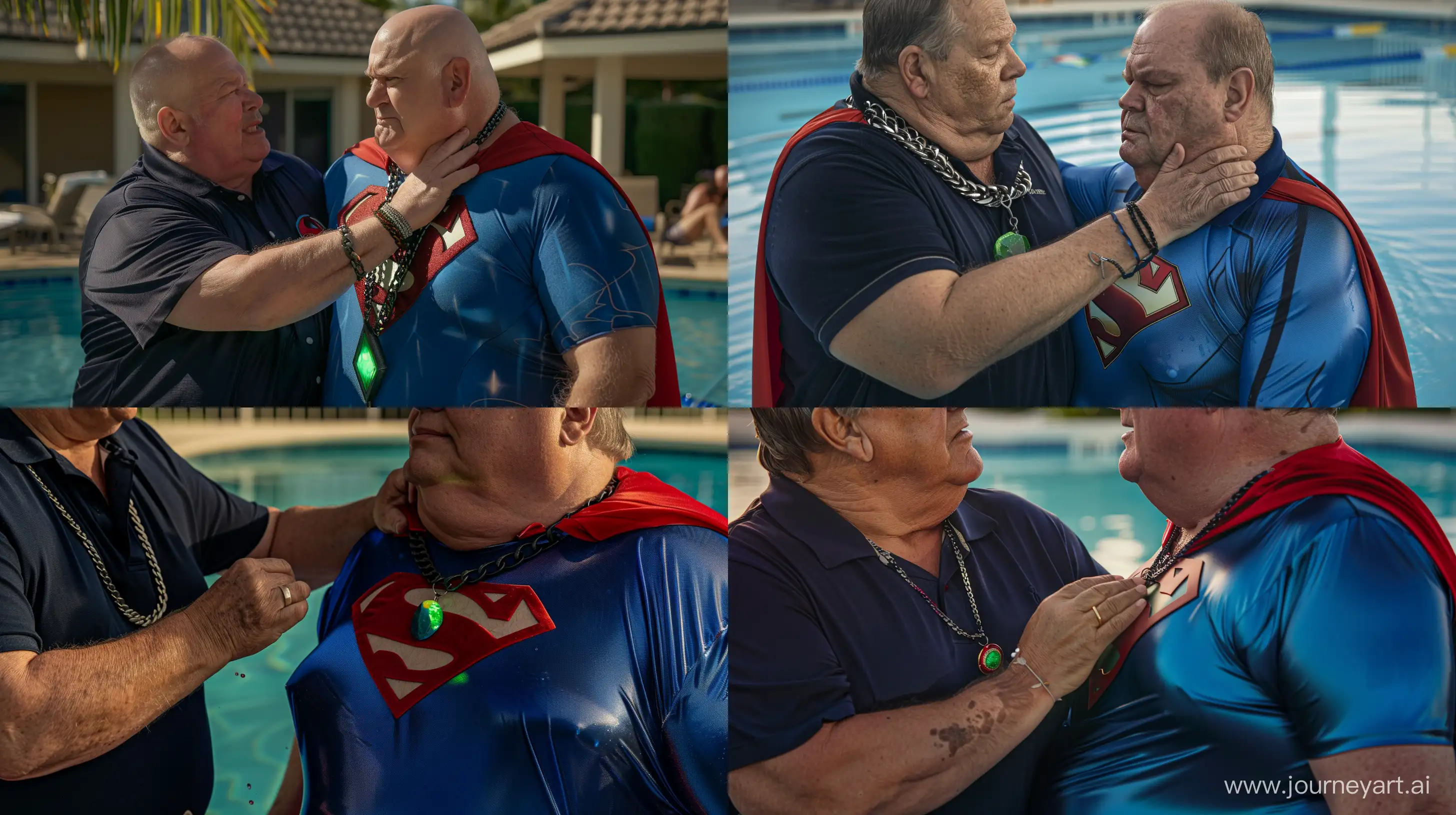 Close-up photo of fat man aged 60 wearing a silk navy polo shirt placing his hand on the neck of a very fat man aged 60 wearing a tight blue superman costume with a red cape and a black chain necklace with a green glowing stone. Swimming Pool. --style raw --ar 16:9