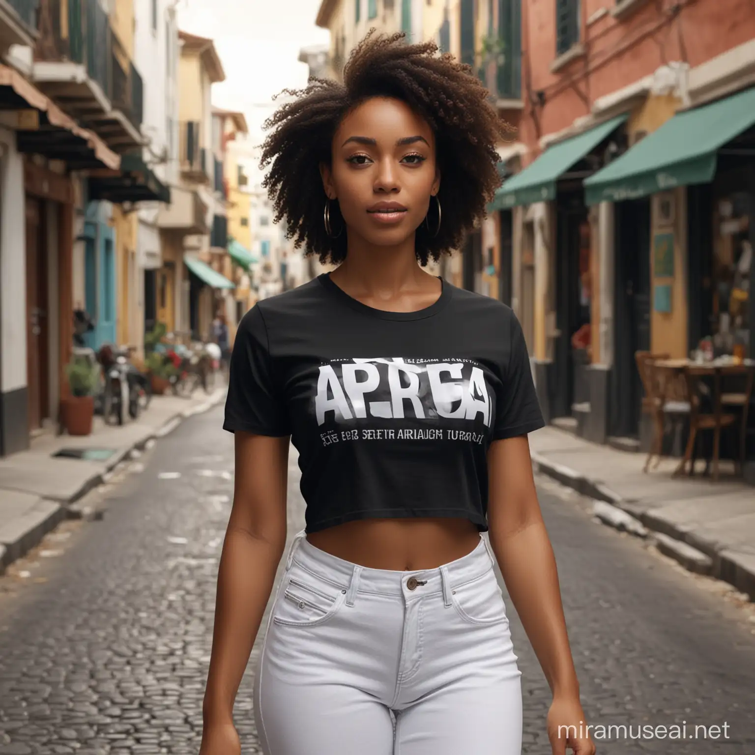 A hyperreal, photographic, 8k, digital image very beautiful african american woman mixed race wearing a a casual black tee-shirt written *AFRICANA TV CARAIBES*(spelled correctly)  and a black pants, walking, beautiful carribean street backgound.*AFRICANA TV CARAIBES* is written in white. highly detailed.UHD image, natural beauty realistic shot.hyper hd detailed.hyper realistic, with a cinematic quality.8k. --s 1000 --v 6.0