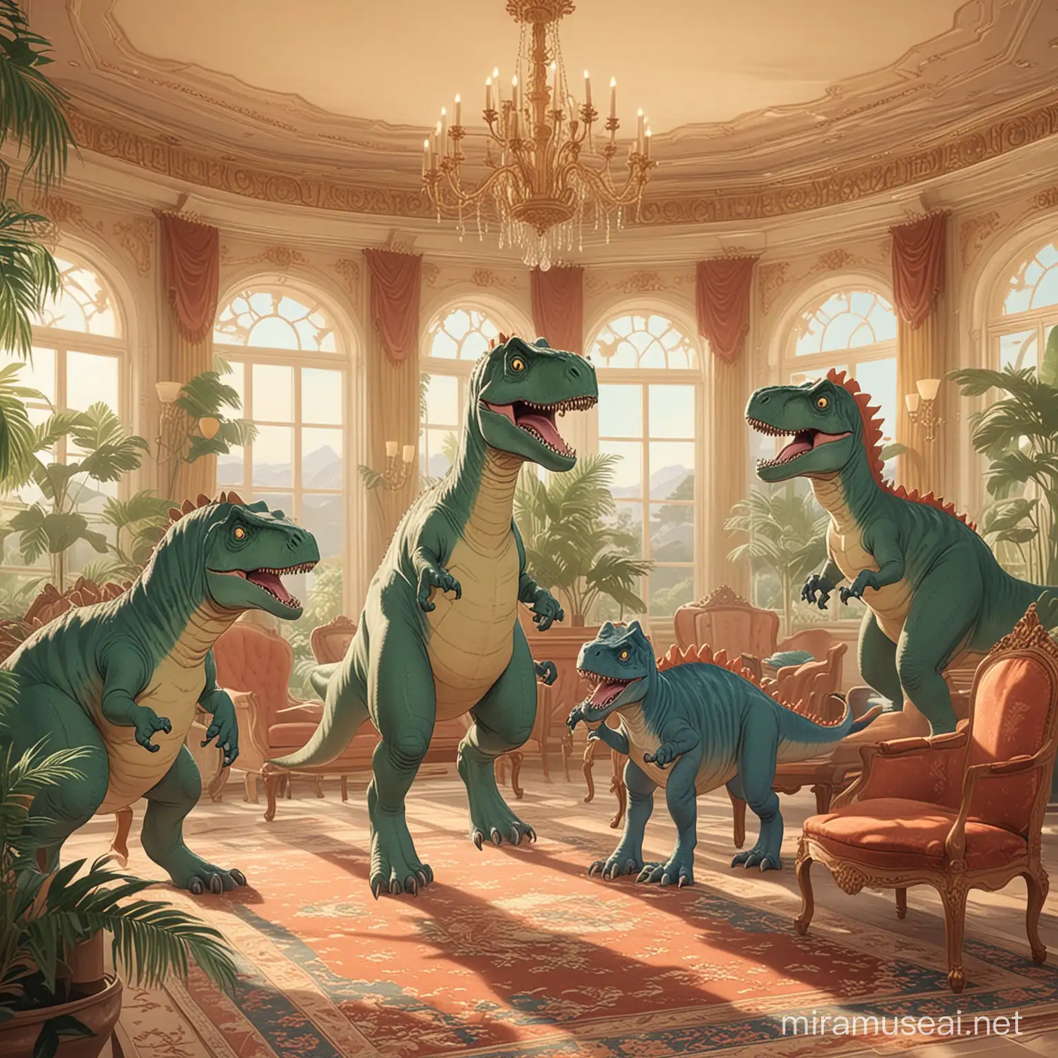 a group of dinosaurs are celebrating in a luxurious mansion. vintage anime.