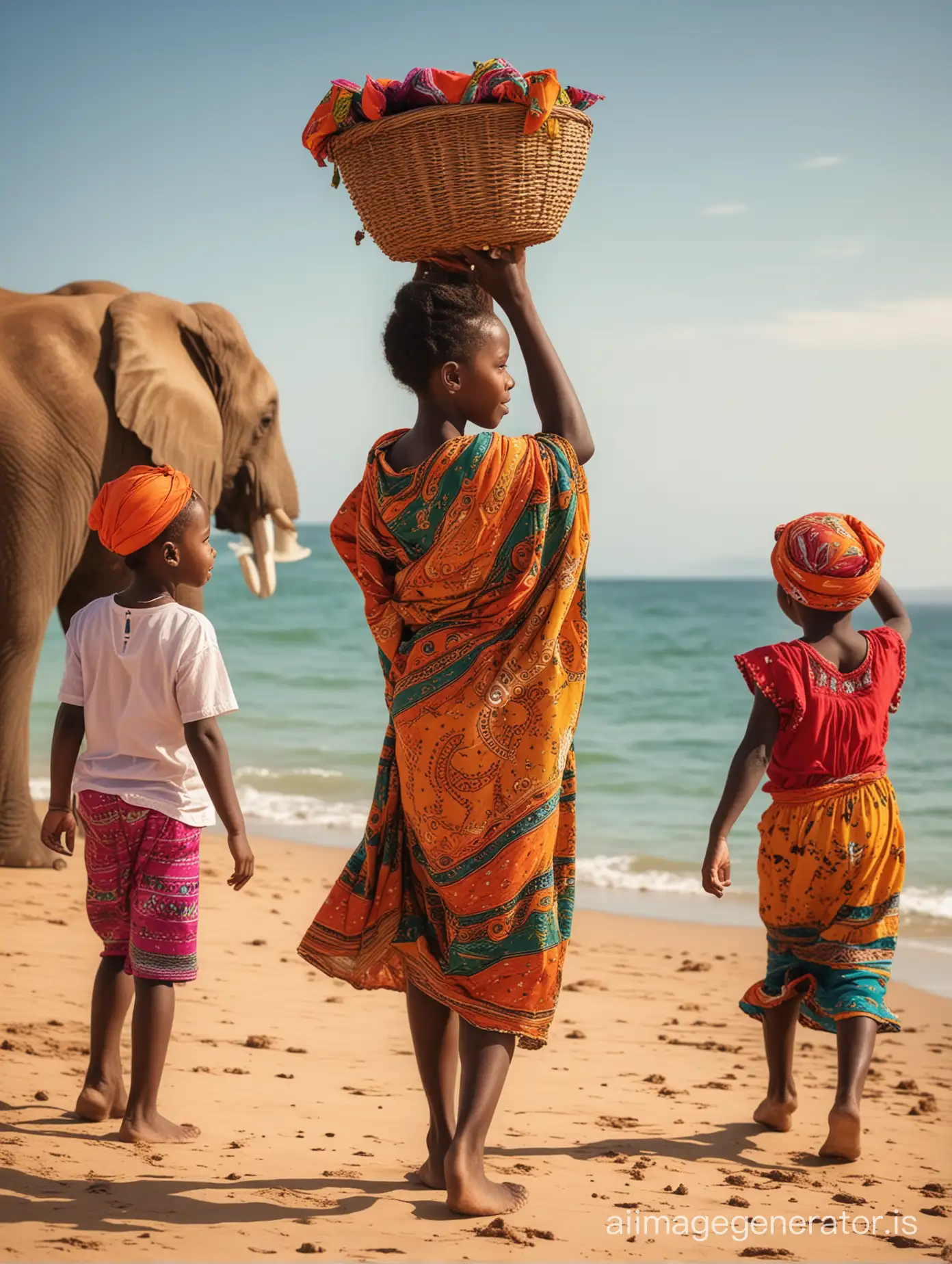 Dark skin African people, wearing typical colorful clothes, one woman with a basket over her head, background little children playing near the sea, warm light, one big elephant