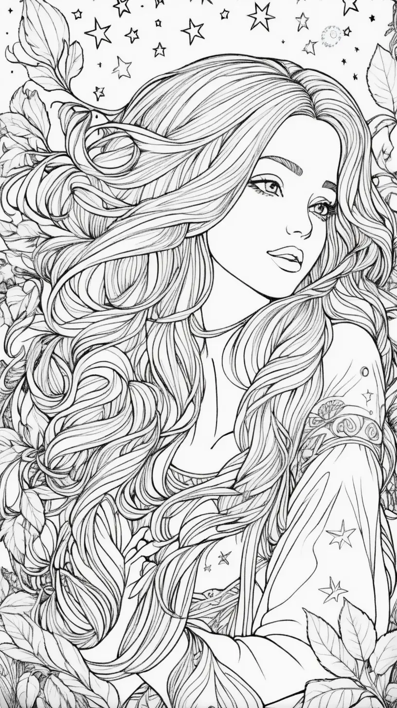 imagen coloring page for adult, a woman with long hair flying  in the universe and has a cacao plant on her hand, sky full of starts