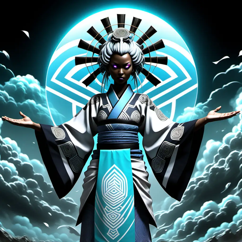 high definition simulation of a video game world boss character creation screen with cyberpunk Samurai ninja, peacock with Headband geo wind with armor and sharingan eyeballs With glowing elemental wind fists wearing a beautiful wind kimono with white black and white lightblue sacred geometry and armored cloud themed shoulder guards with large spikey white swirling cloud hair With glowing magic fists wearing a beautiful flowing wind african kimono with whites ivory japense clouds black and grey pastel blue sacred geometry and armored shoulder guards